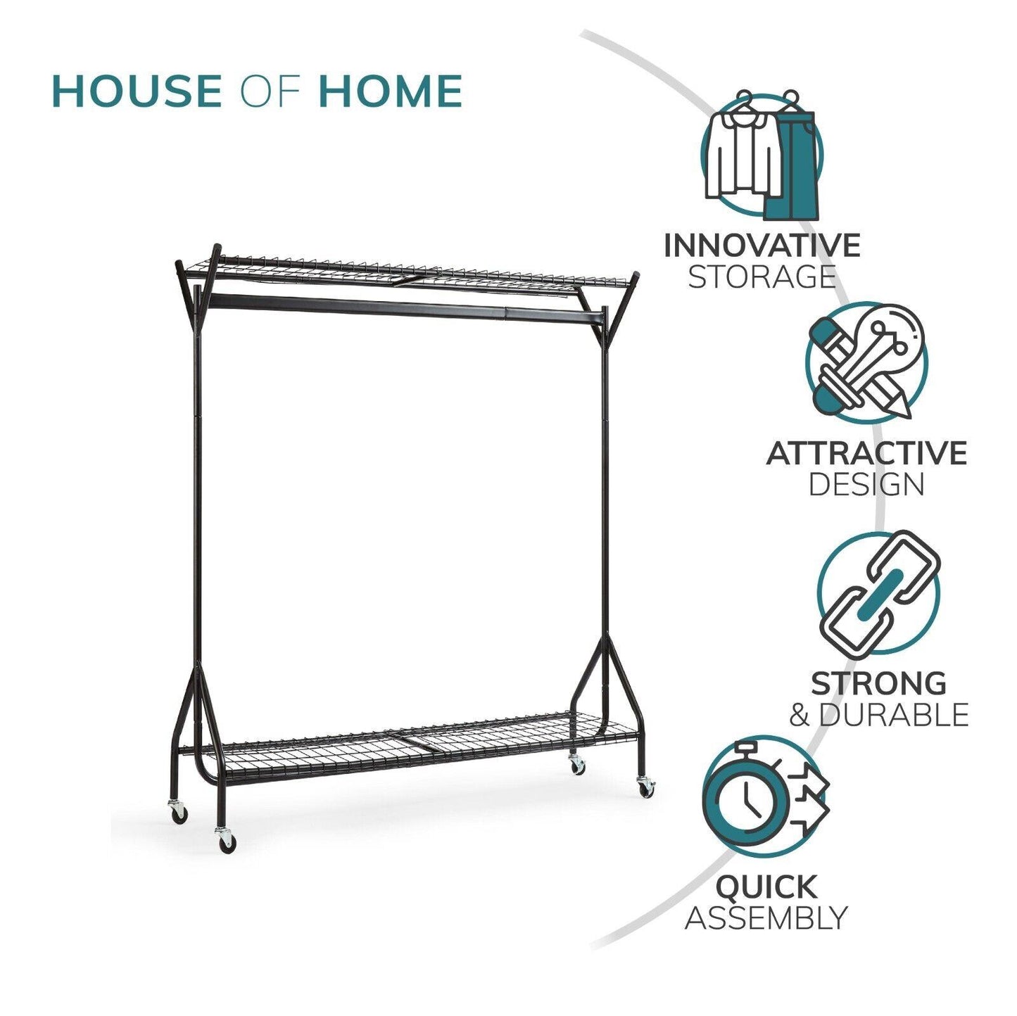 4ft long x 5ft Black Heavy Duty Hanging Clothes Garment Rail with Shoe Rack Shelf and Hat Stand