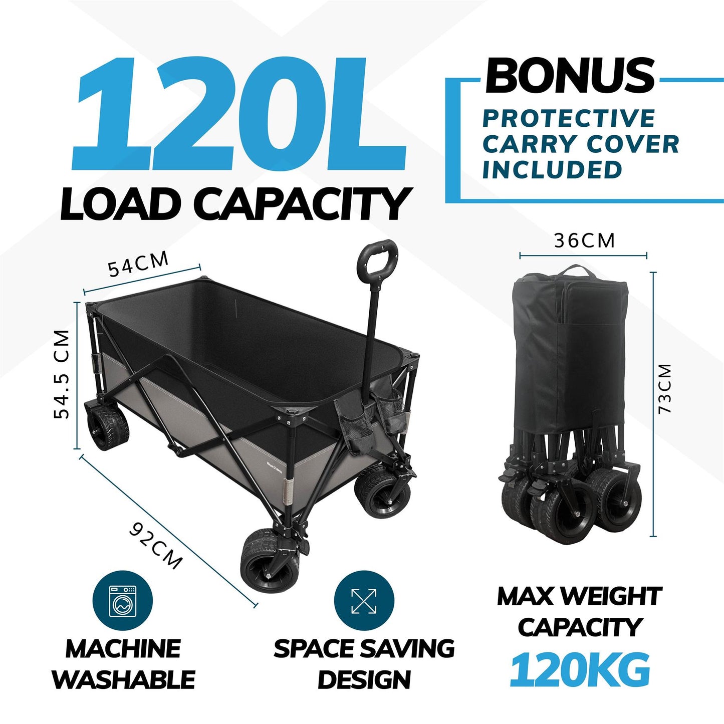 120L Foldable Utility Trolley Garden Home Camping Festivals Collapsible Cart, Carry Bag