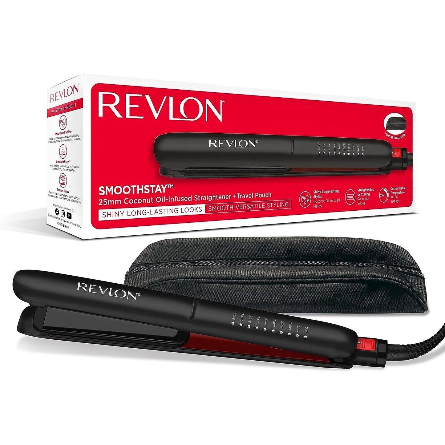 REVLON Smoothstay 25mm Coconut Oil-Infused Straightener + Travel Pouch