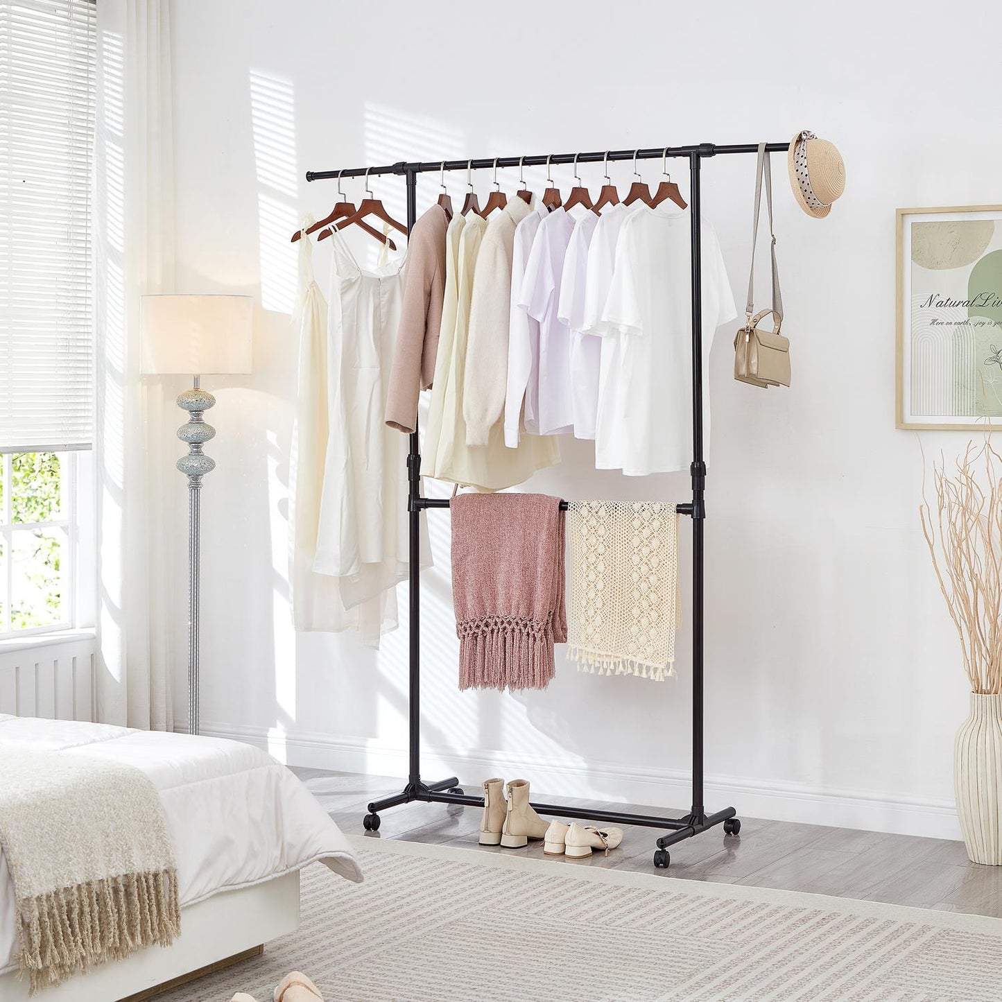 Double Clothes Rail, Extended Top Rail Adjustable Height, Black