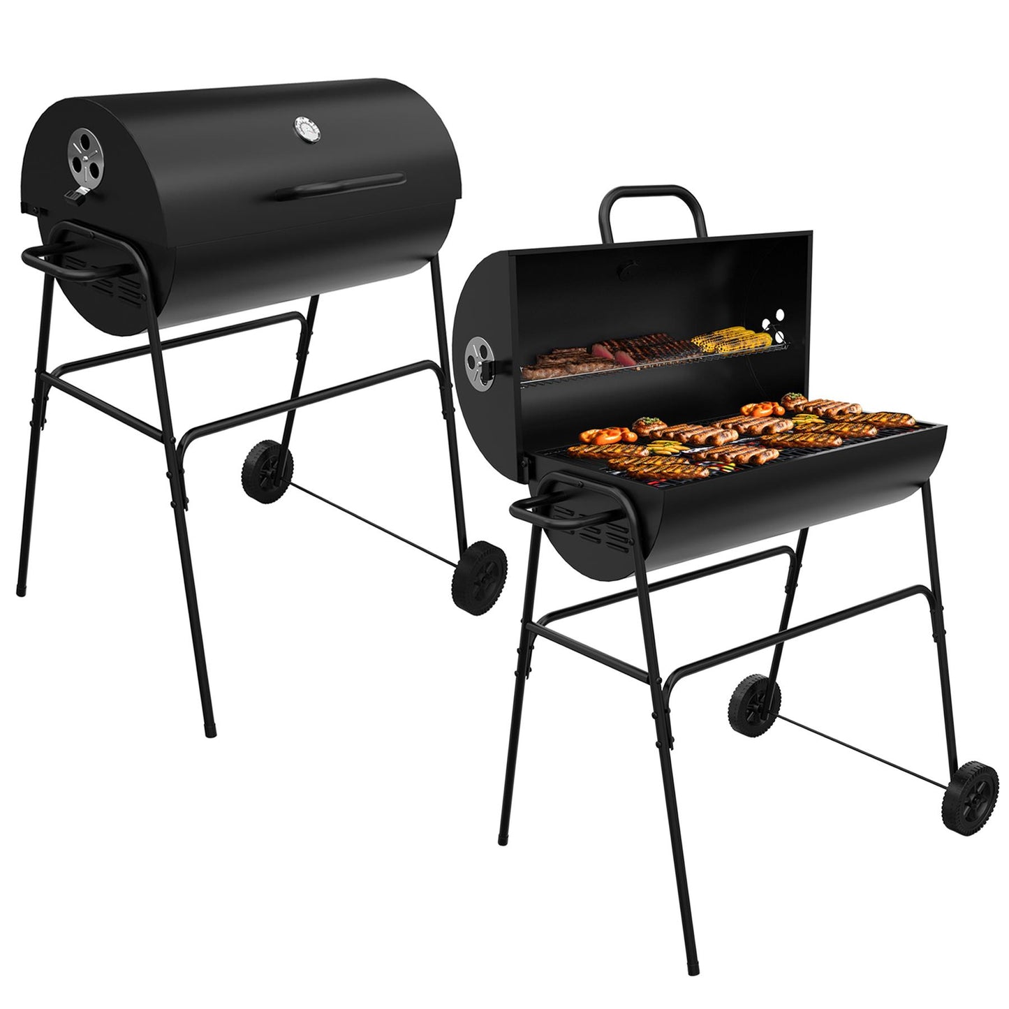 Barrel Charcoal BBQ XL Grill Lid Thermometer, Portable Trolley Smoker, Wheels