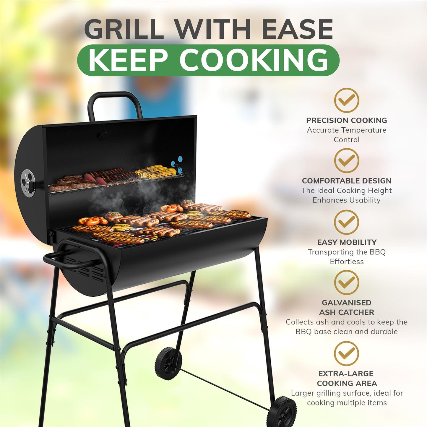 Barrel Charcoal BBQ XL Grill Lid Thermometer, Portable Trolley Smoker, Wheels