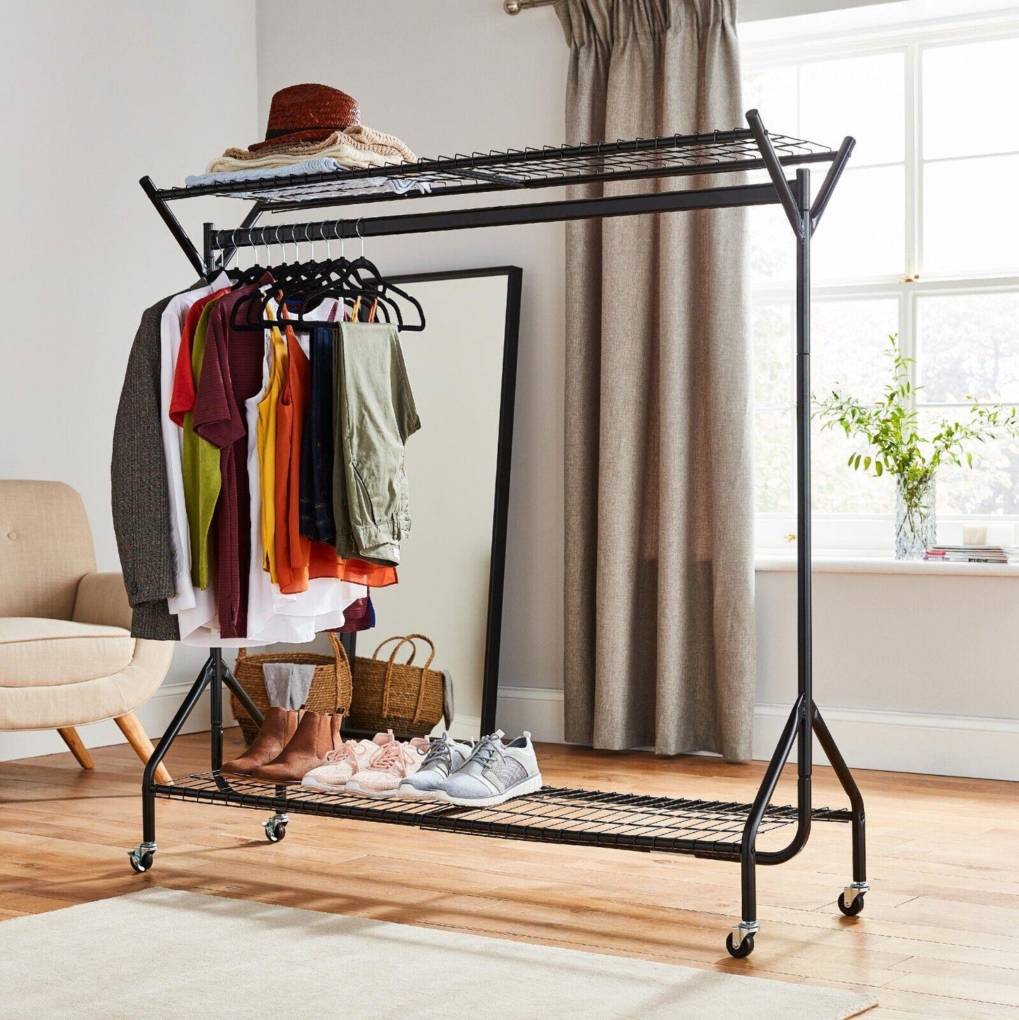4ft long x 5ft Black Heavy Duty Hanging Clothes Garment Rail with Shoe Rack Shelf and Hat Stand