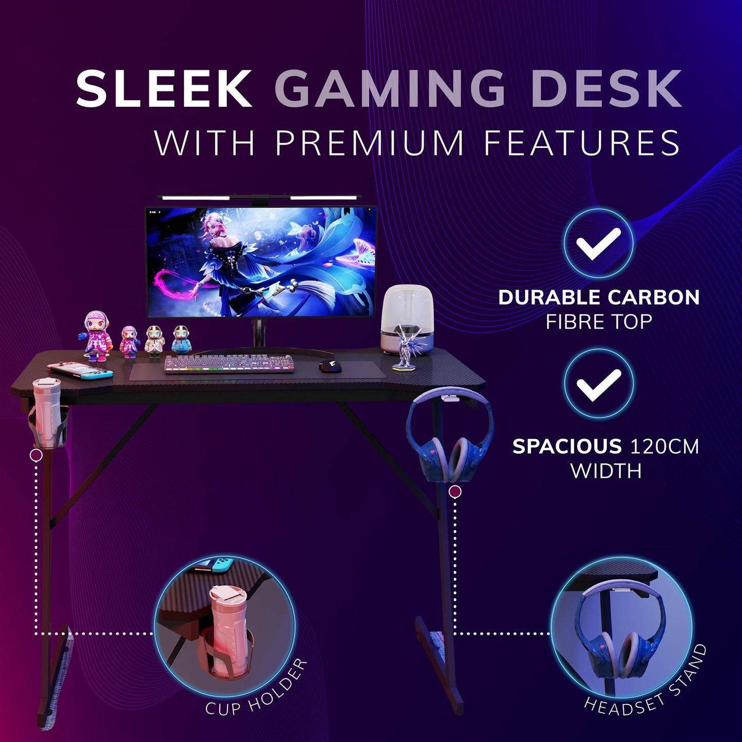Gaming / Computer Desk – Carbon Fibre Top Black - 118cm L x 60 D x 75 H