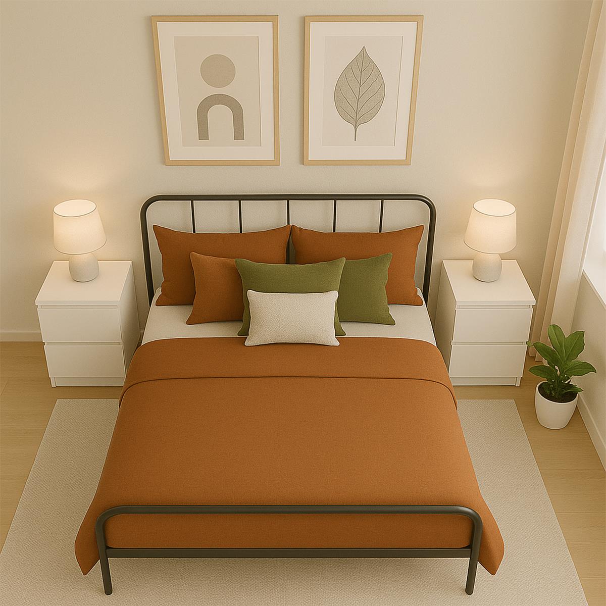 Double Size Bed Frame Metal Rounded Headboard Easy Assembly Bed Base Storage