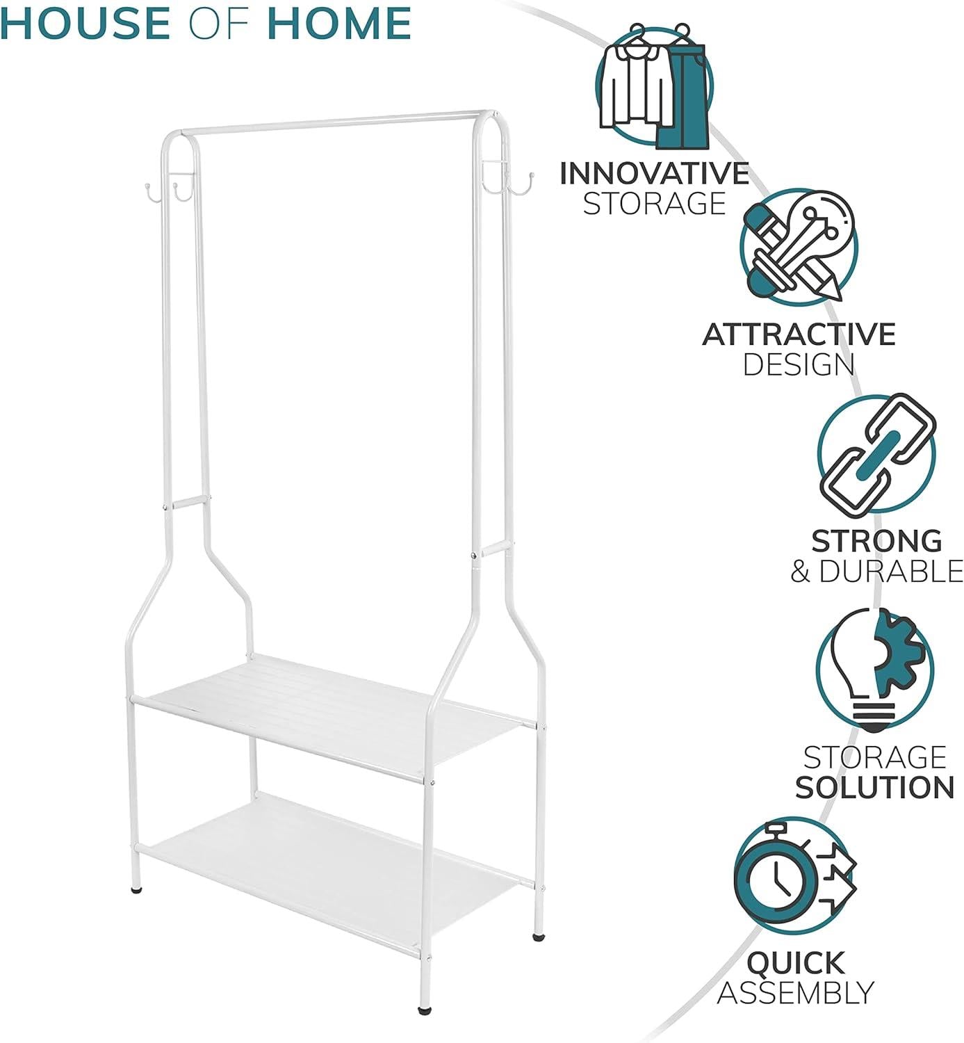 Clothes Rail With Two Shelves in White Powder Coating