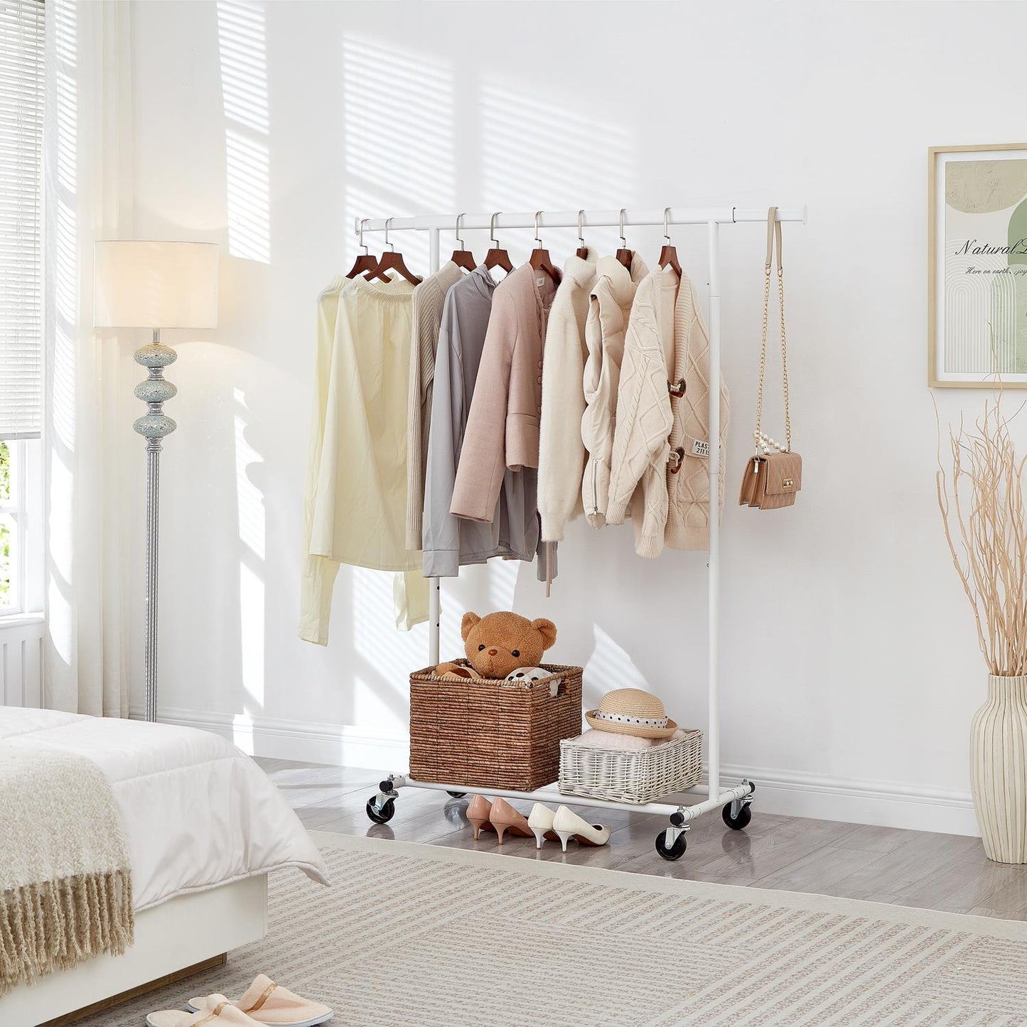 Heavy Duty White Clothes Rail Adjustable Width Height with Shelf, Locking Wheels