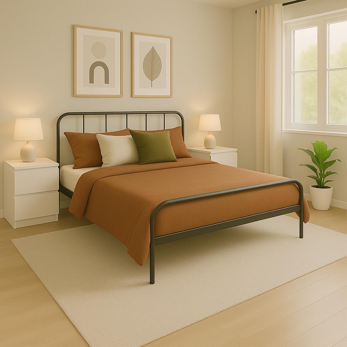 Double Size Bed Frame Metal Rounded Headboard Easy Assembly Bed Base Storage