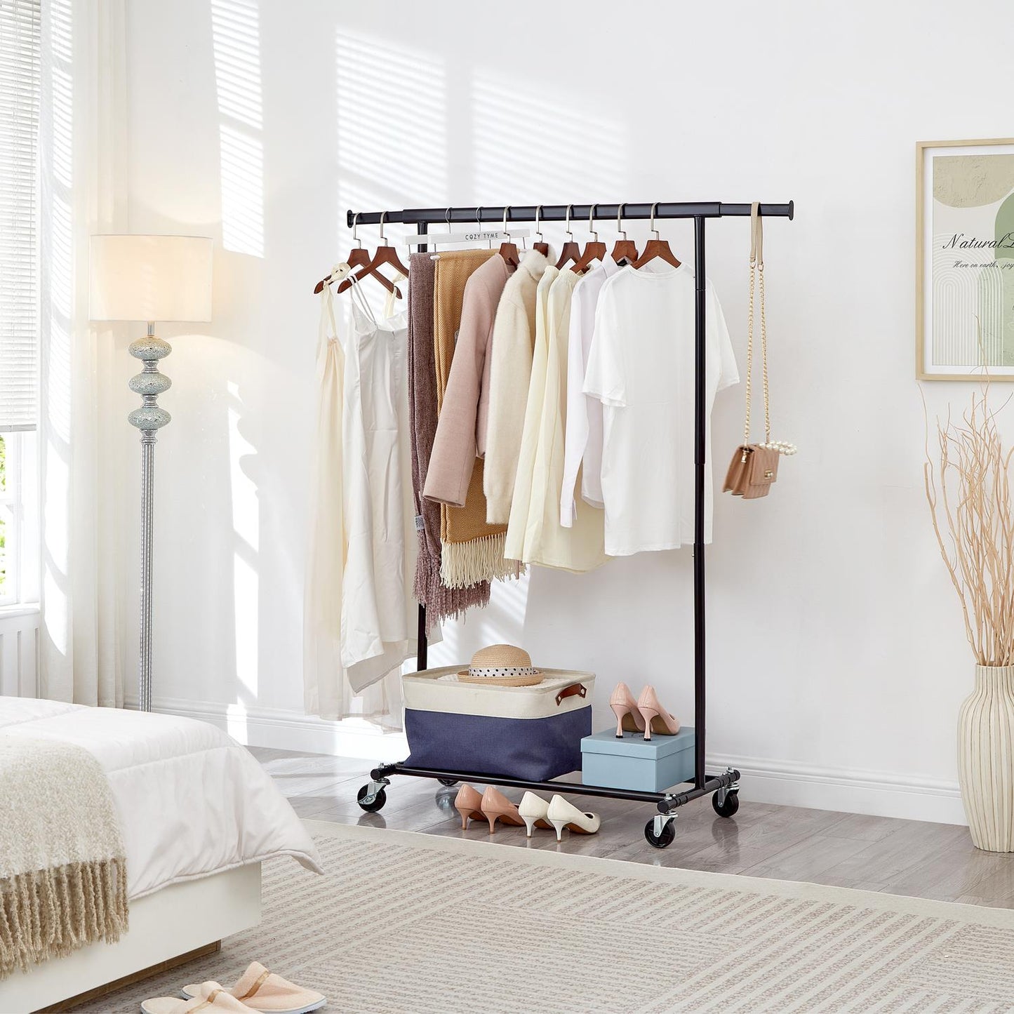 Heavy Duty Black Clothes Rail Adjustable Width Height with Shelf Locking Wheels