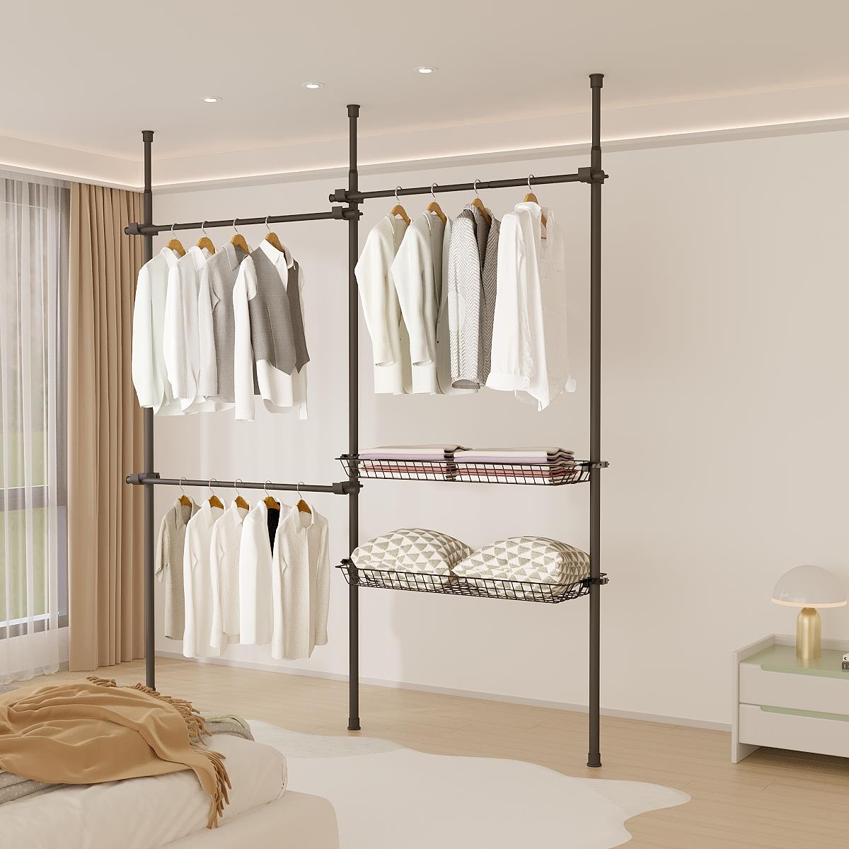 Telescopic Wardrobe Organiser Double Black Rail Clothes Rack Baskets Storage