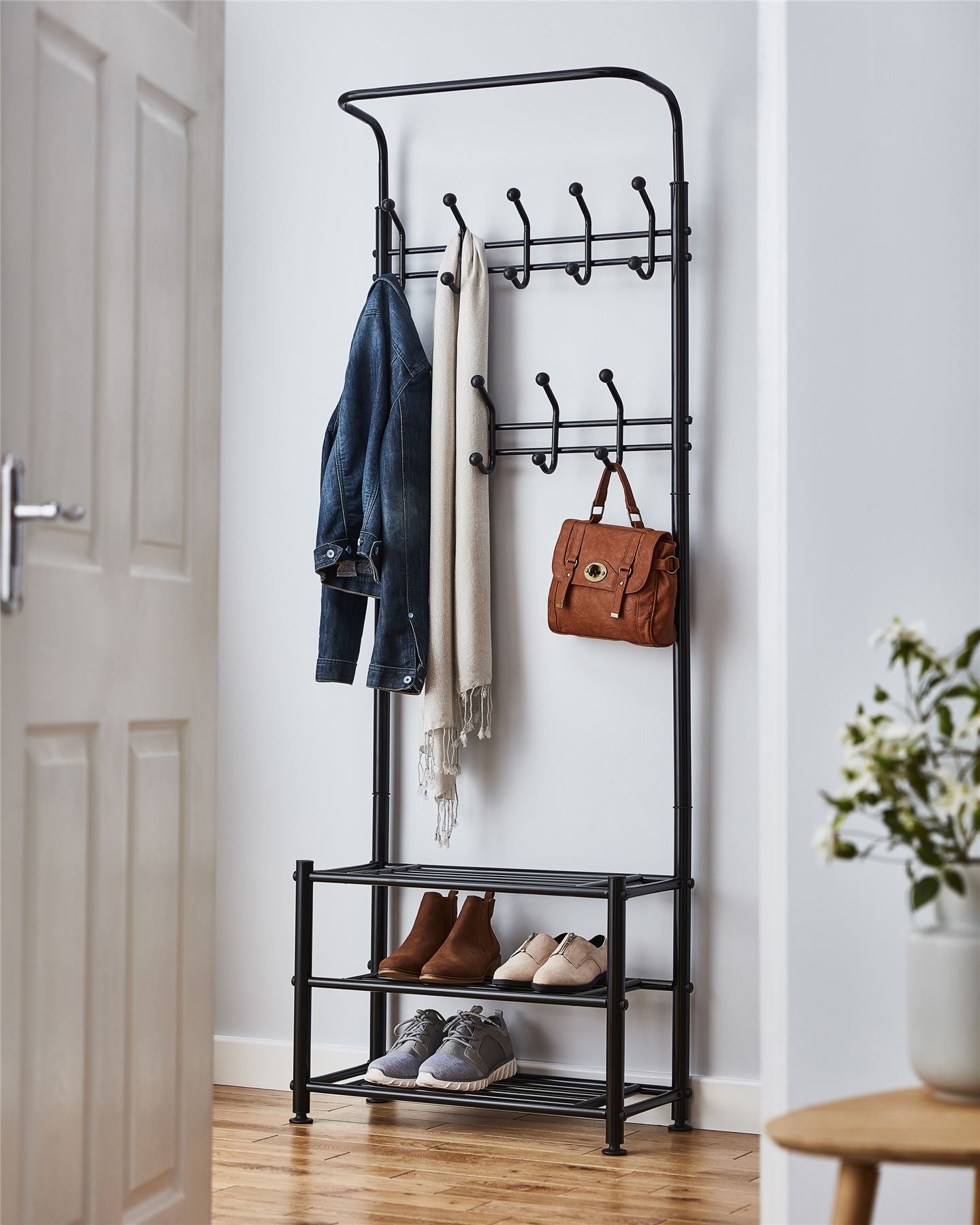 Multi Purpose Stand 18 Hooks For Clothes Shoes Hats Bags - Black