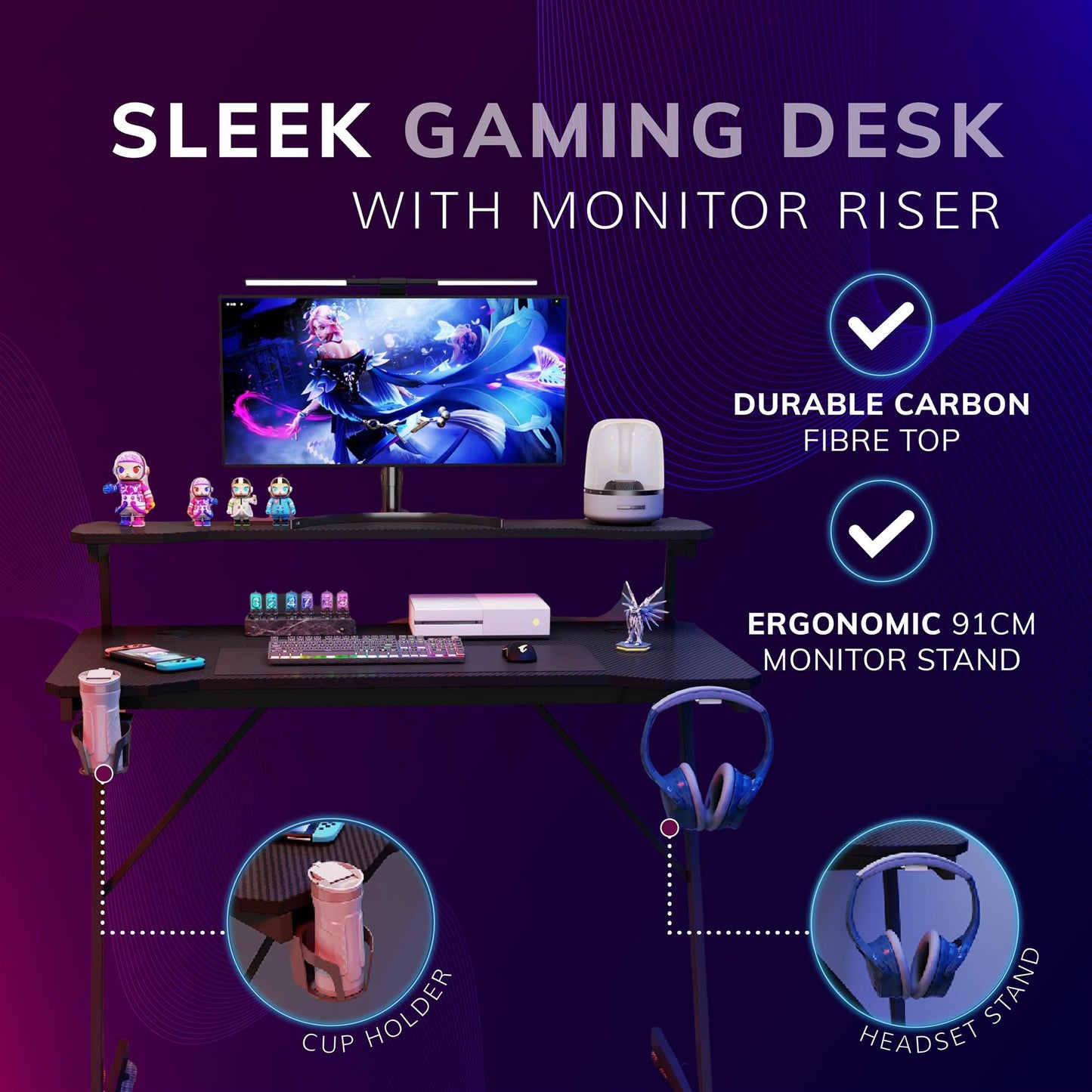 Gaming / Computer Desk with Monitor Stand – Carbon Fibre Top Black – 80cm L x 60 D x 75/91 H