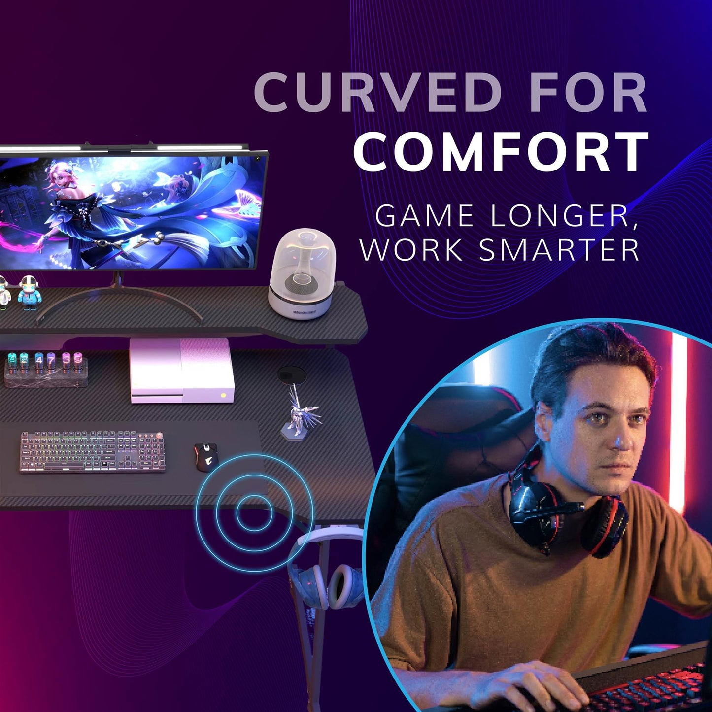 Gaming / Computer Desk with Monitor Stand – Carbon Fibre Top Black – 80cm L x 60 D x 75/91 H