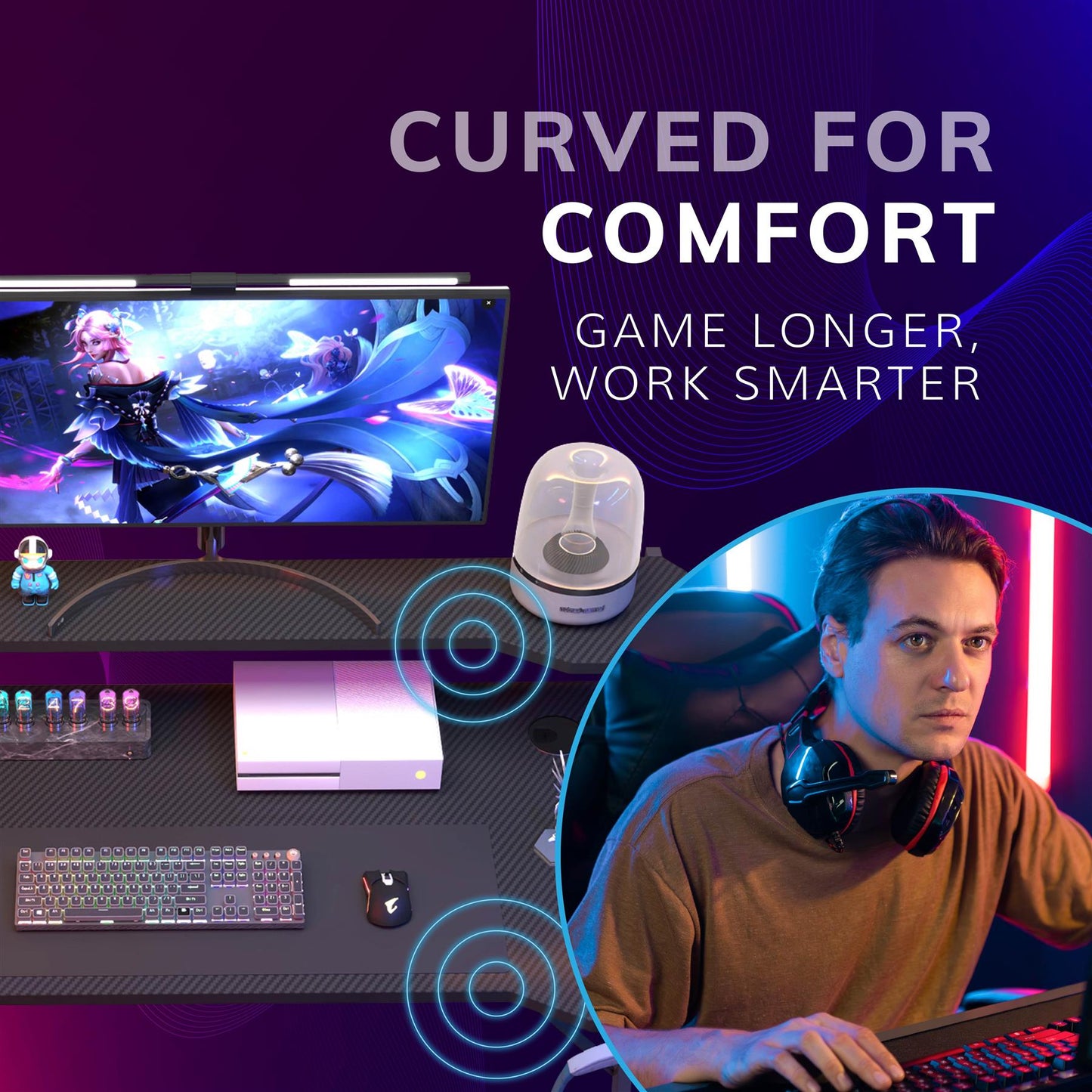 Gaming / Computer Desk with Monitor Stand – Carbon Fibre Top Black – 118cm L x 60 D x 75/91 H