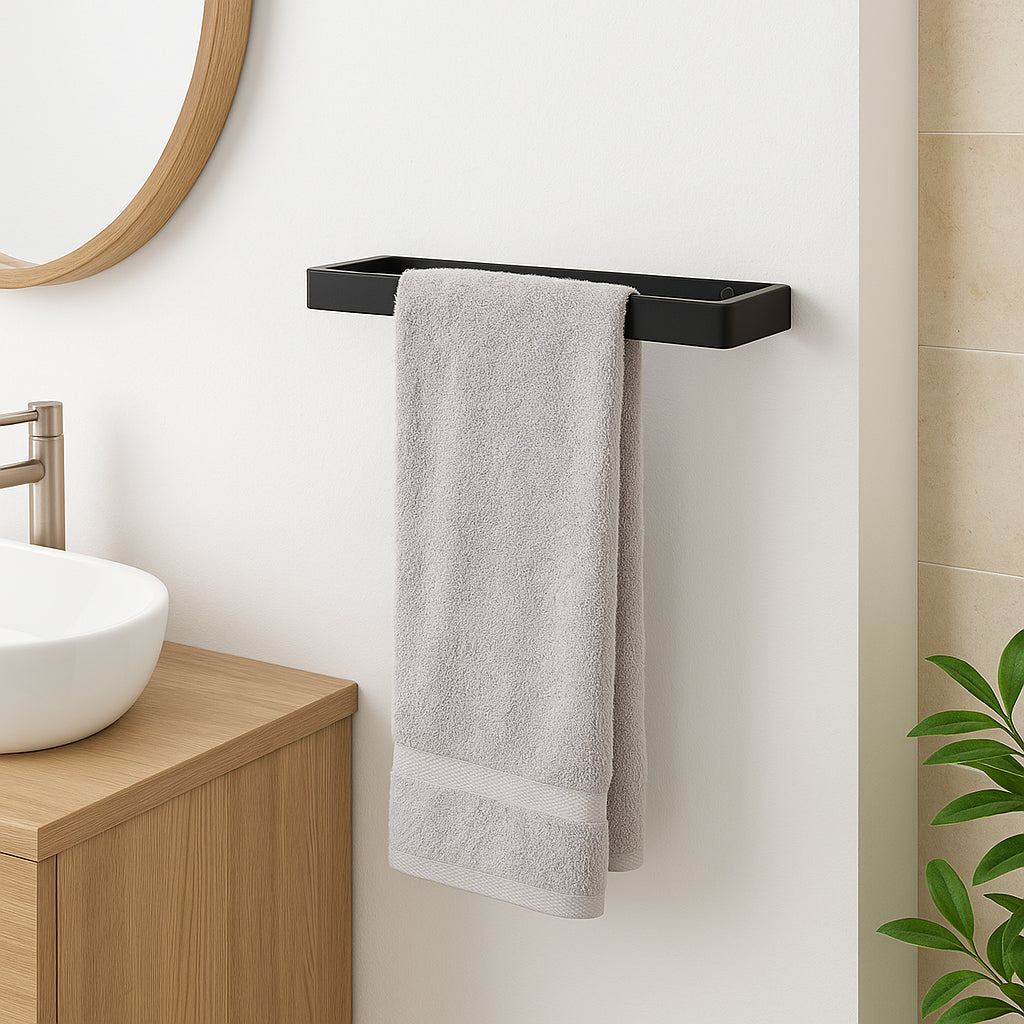 Wall Mounted Black Towel Holder 30cm Rectangle Rail