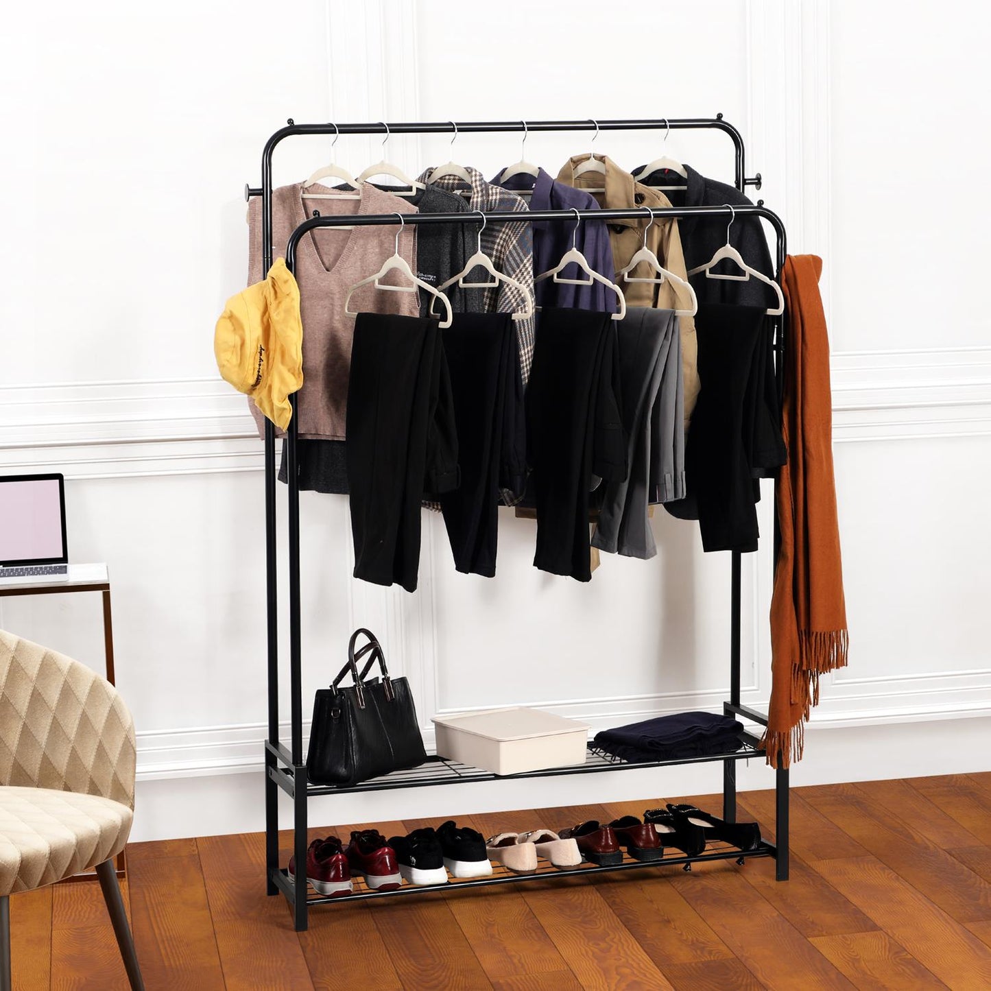 Freestanding Double Clothes Rail with Shoe Rack