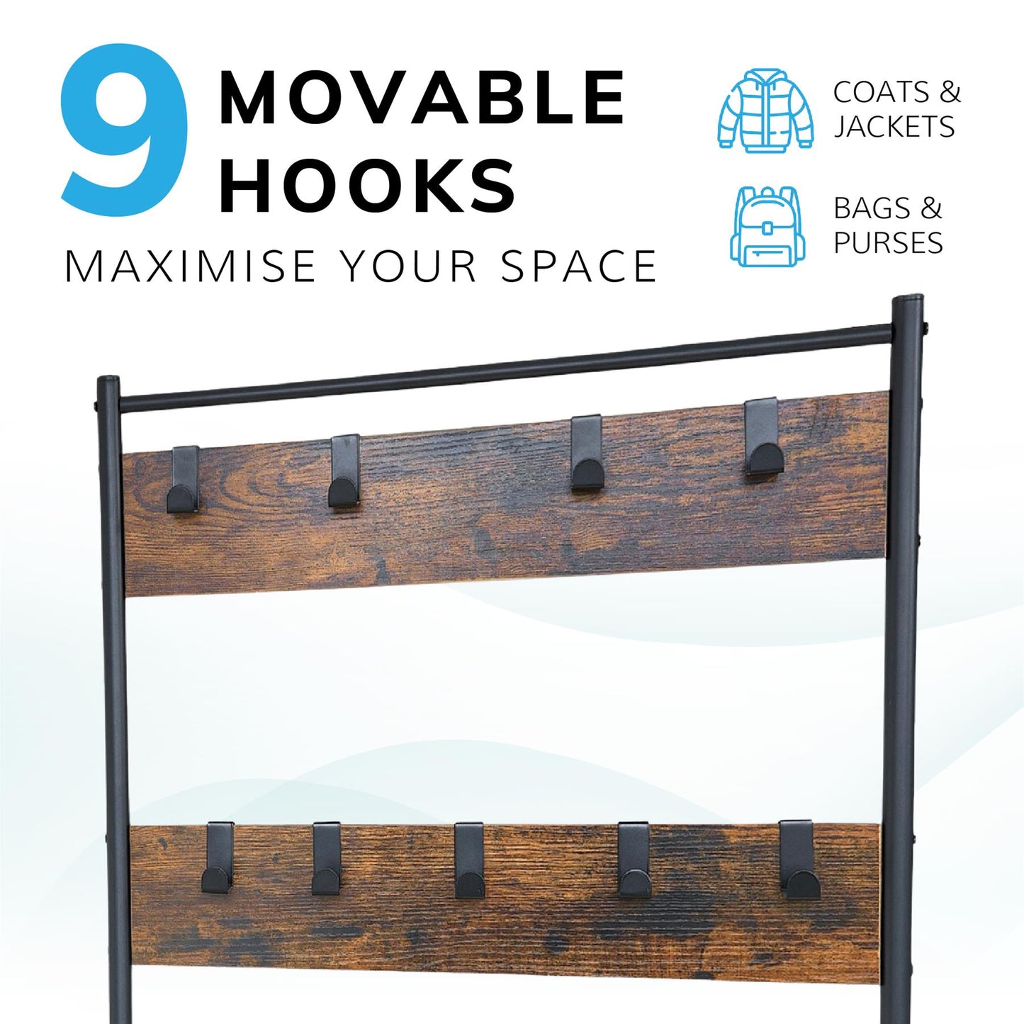Multi function coat stand Black frame rustic brown wood