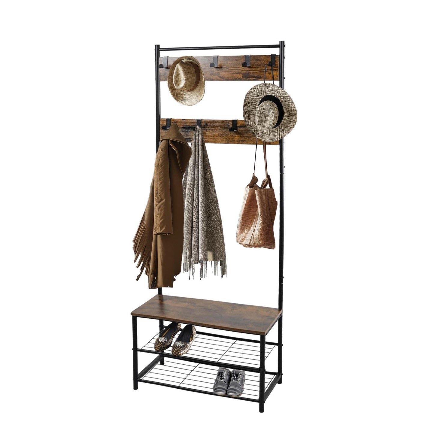Multi function coat stand Black frame rustic brown wood