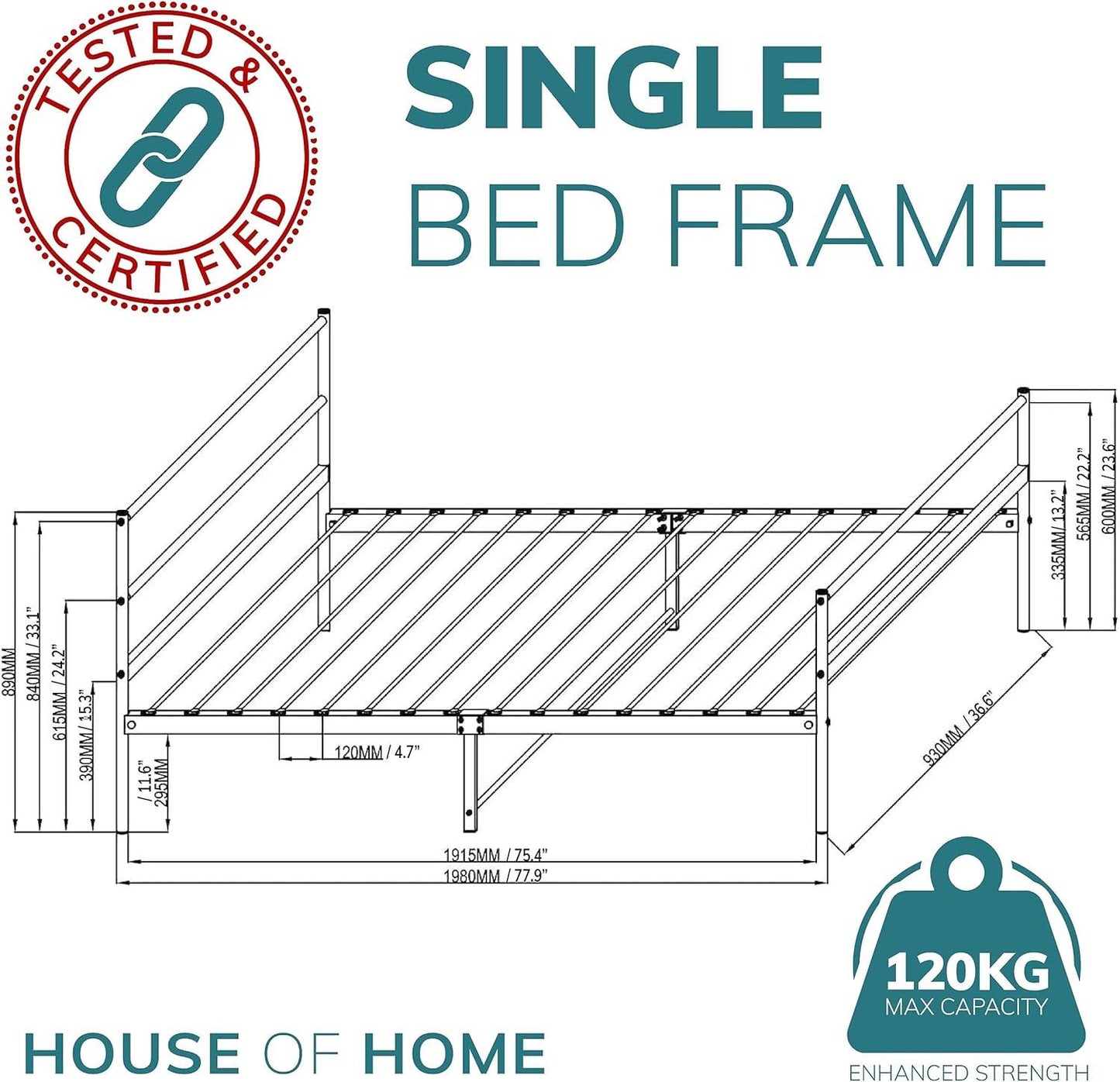 Single Bed Frame Metal Rounded Headboard Easy Assembly Bed Base Storage 6ftx3ft