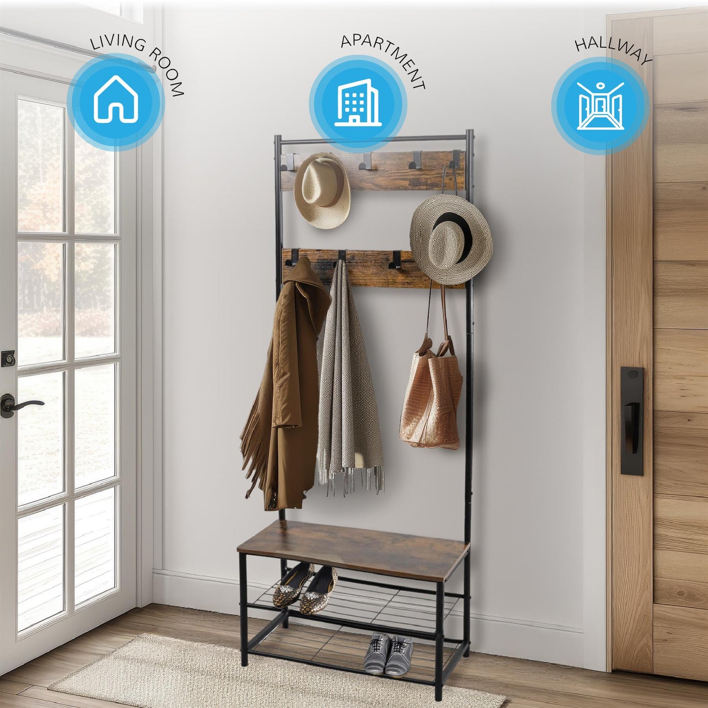 Multi function coat stand Black frame rustic brown wood
