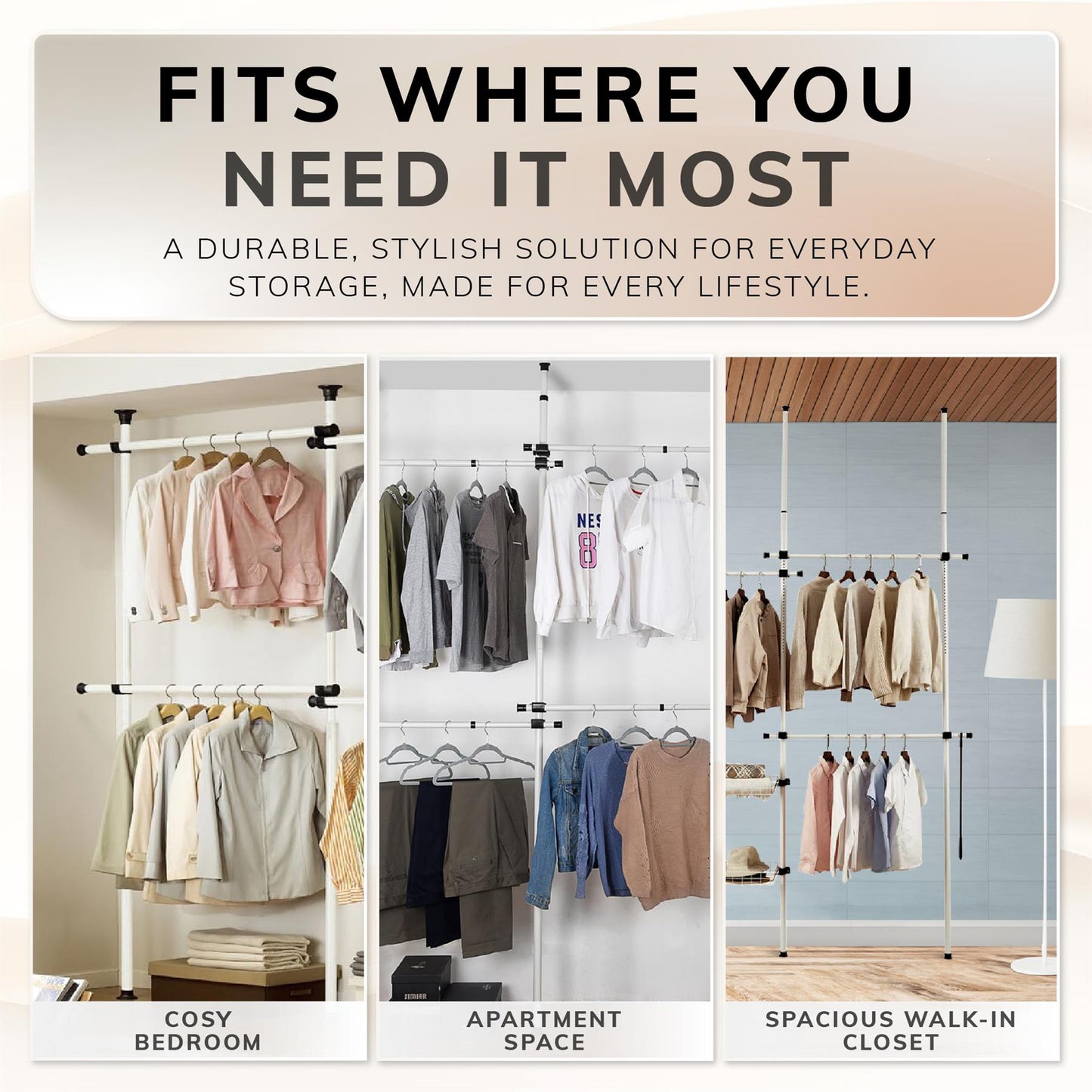 Telescopic Wardrobe Organiser Double White Rail Clothes Rack Baskets Storage