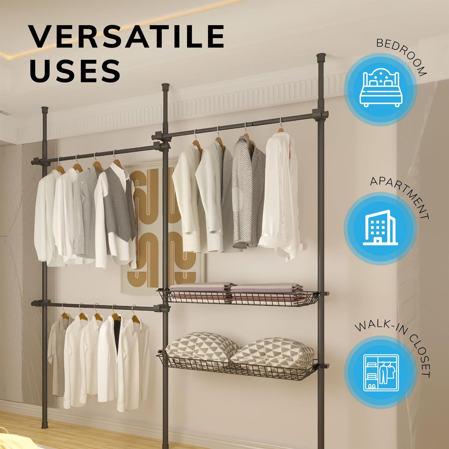 Telescopic Wardrobe Organiser Double Black Rail Clothes Rack Baskets Storage