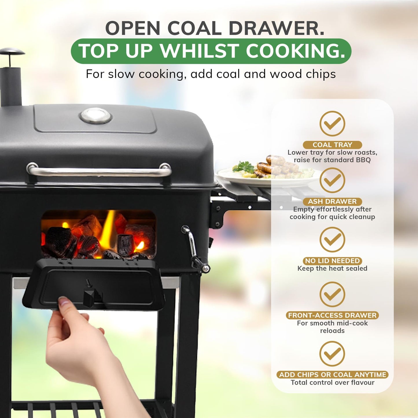 BBQ Smoker XL Grill Folding Tables Thermometer, Adjustable Charcoal Pan, Chimney
