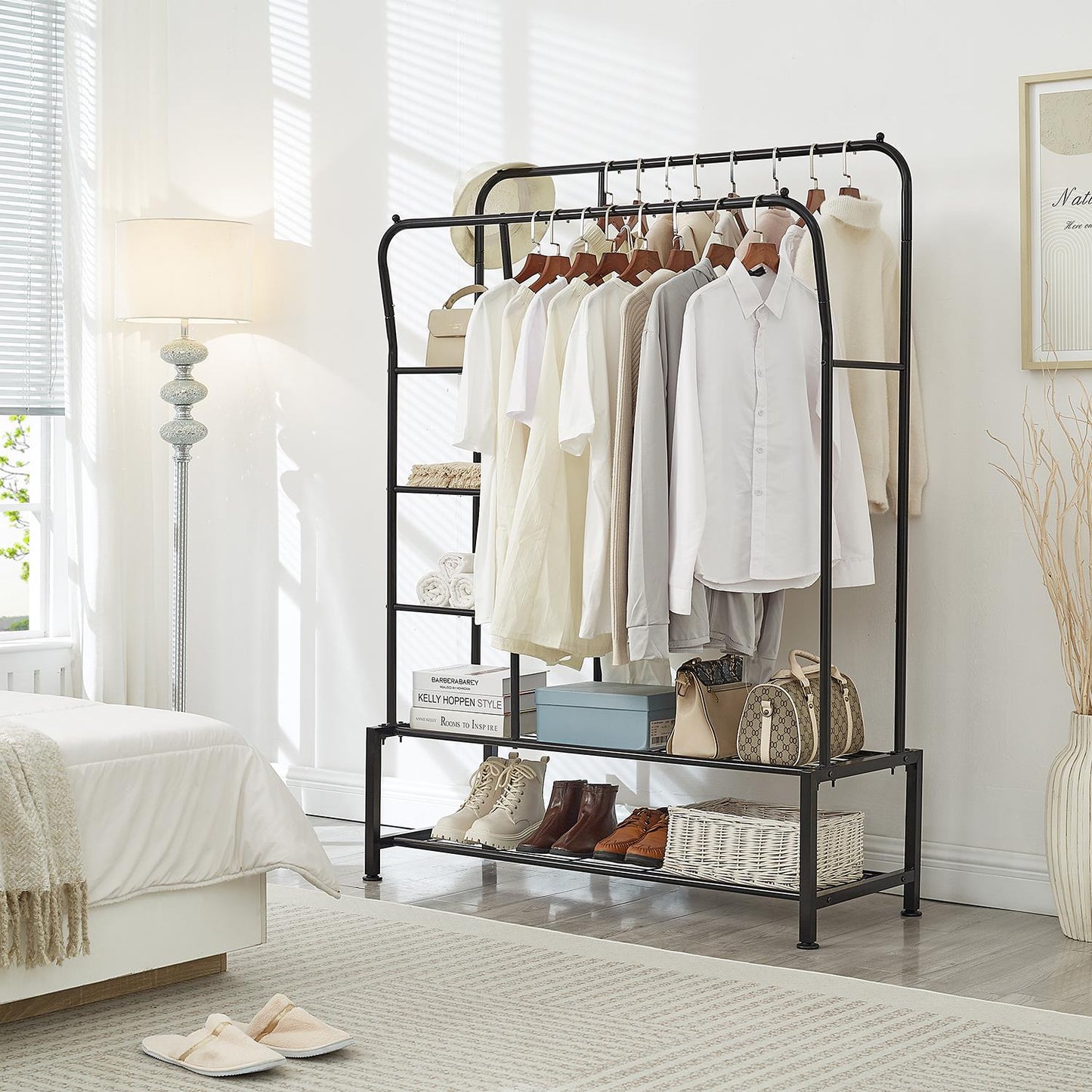 Clothes Rail with Double Hanging & Shelves Black Metal Garment Rack Heavy Duty