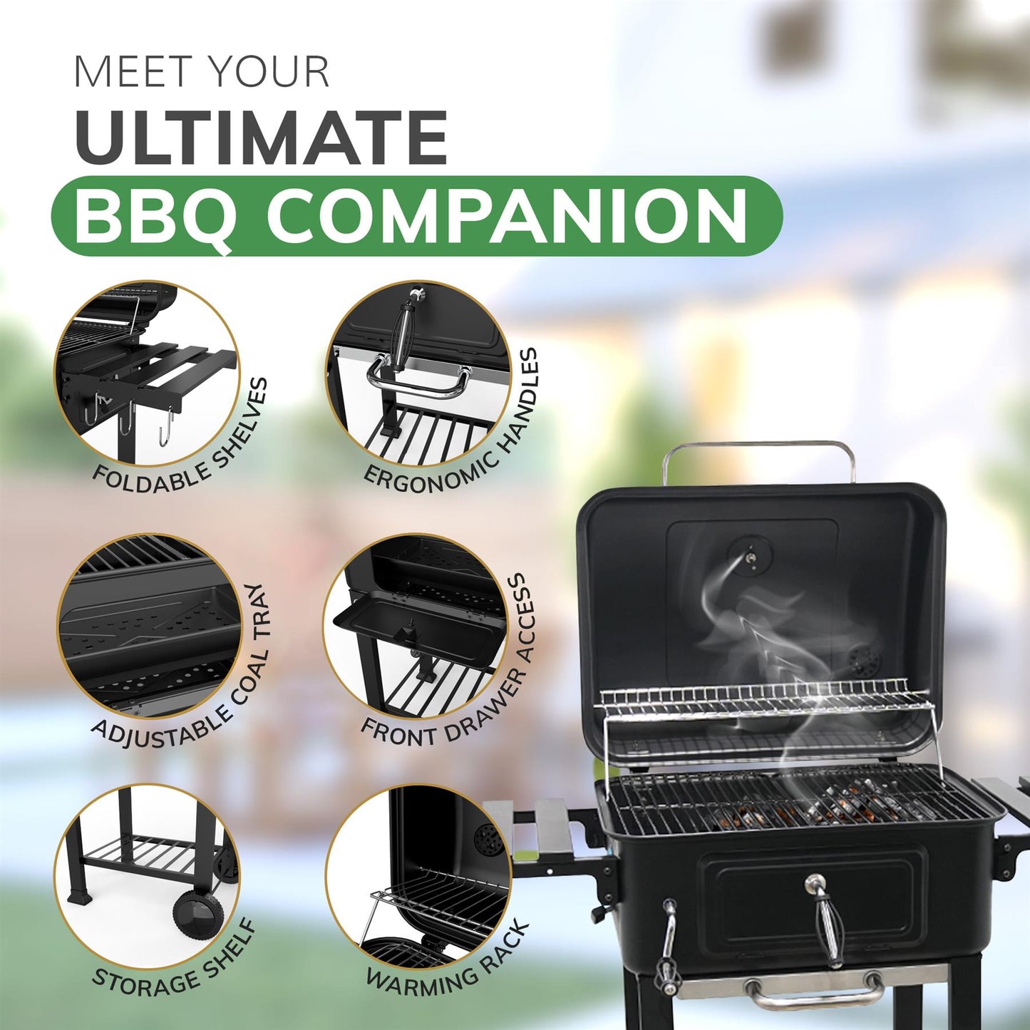 BBQ Smoker XL Grill Folding Tables Thermometer, Adjustable Charcoal Pan, Chimney