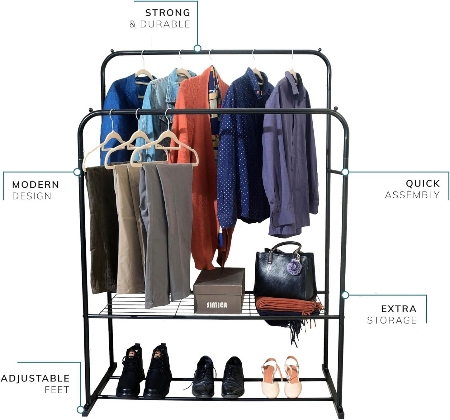 Double Clothes Rail with Shoe Rack Heavy Duty Metal Garment Hanger Hat Bag Hooks