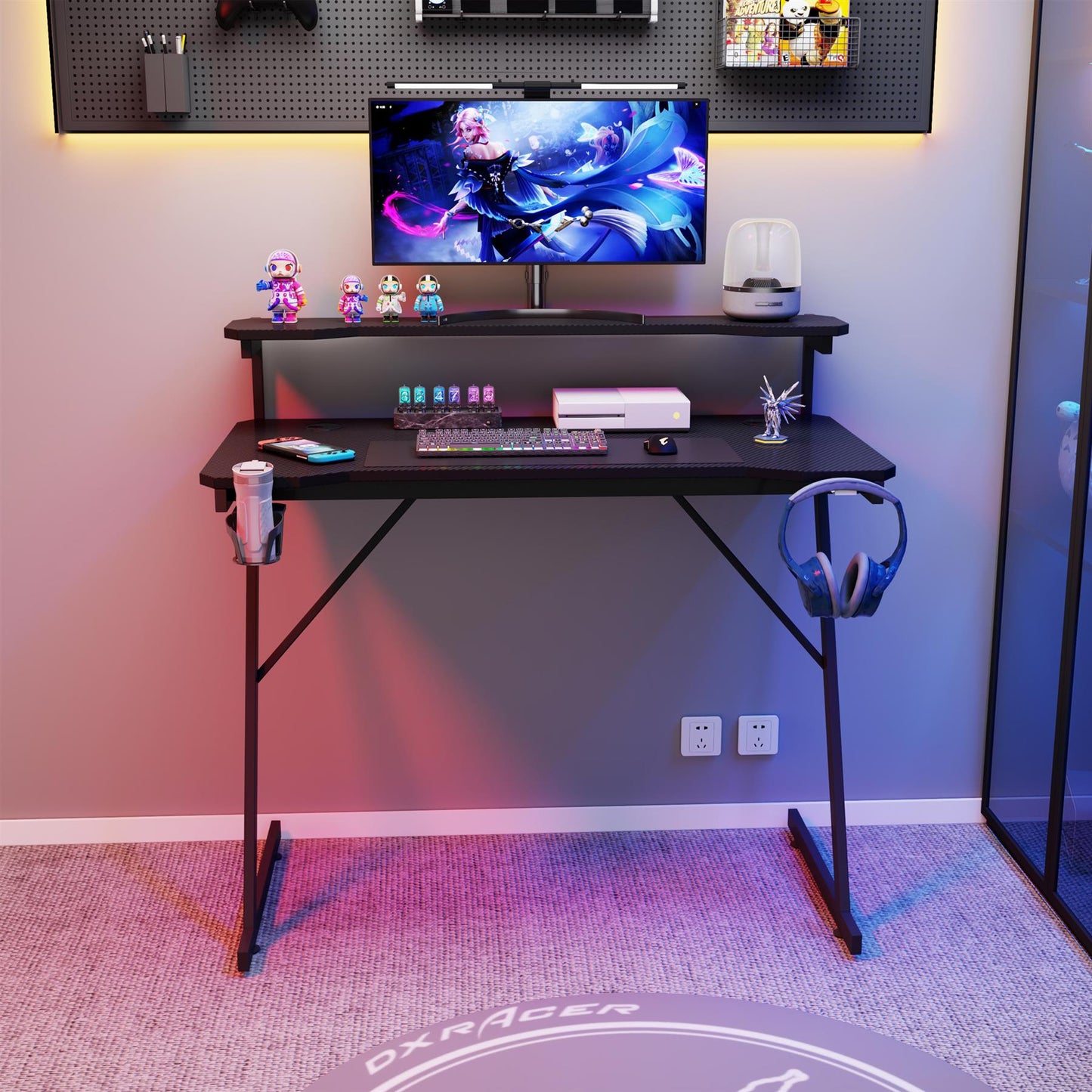 Gaming / Computer Desk with Monitor Stand – Carbon Fibre Top Black – 118cm L x 60 D x 75/91 H