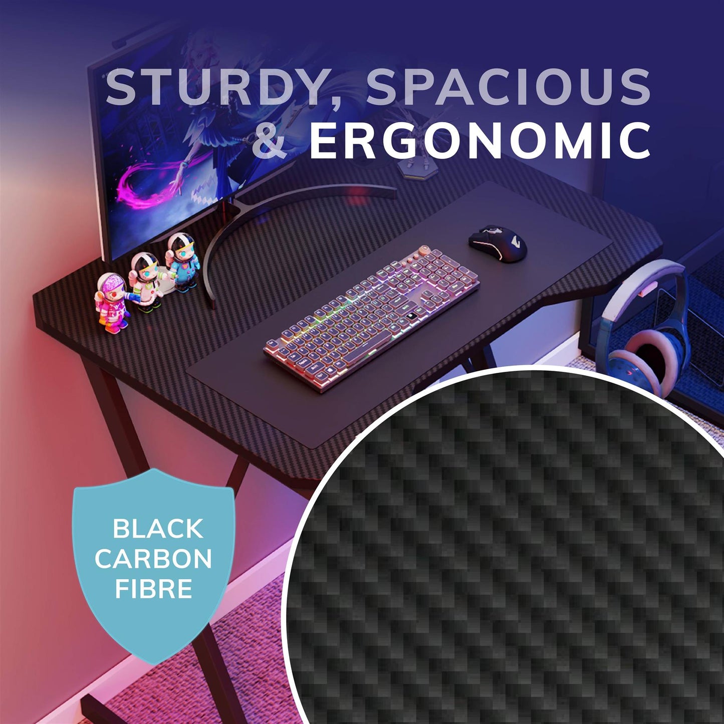 Gaming / Computer Desk – Carbon Fibre Top Black – 80cm L x 60 D x 75 H