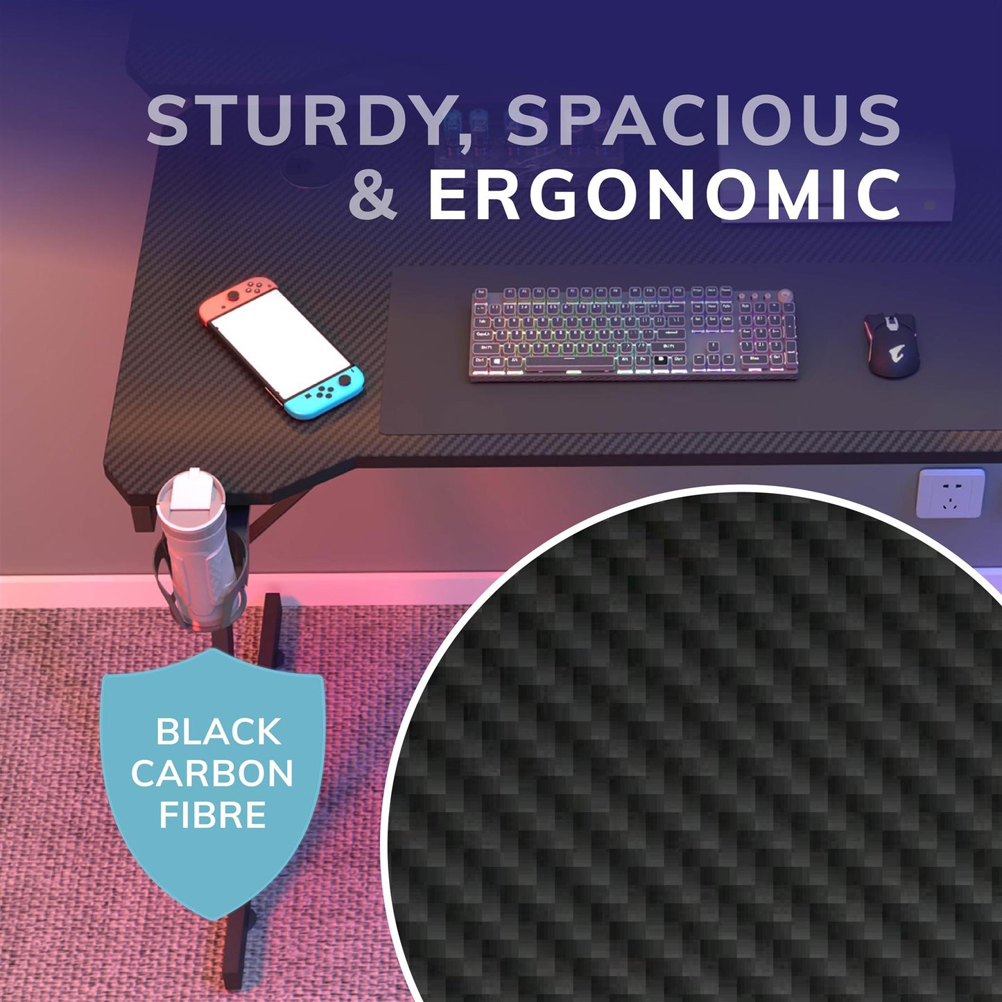 Gaming / Computer Desk with Monitor Stand – Carbon Fibre Top Black – 80cm L x 60 D x 75/91 H