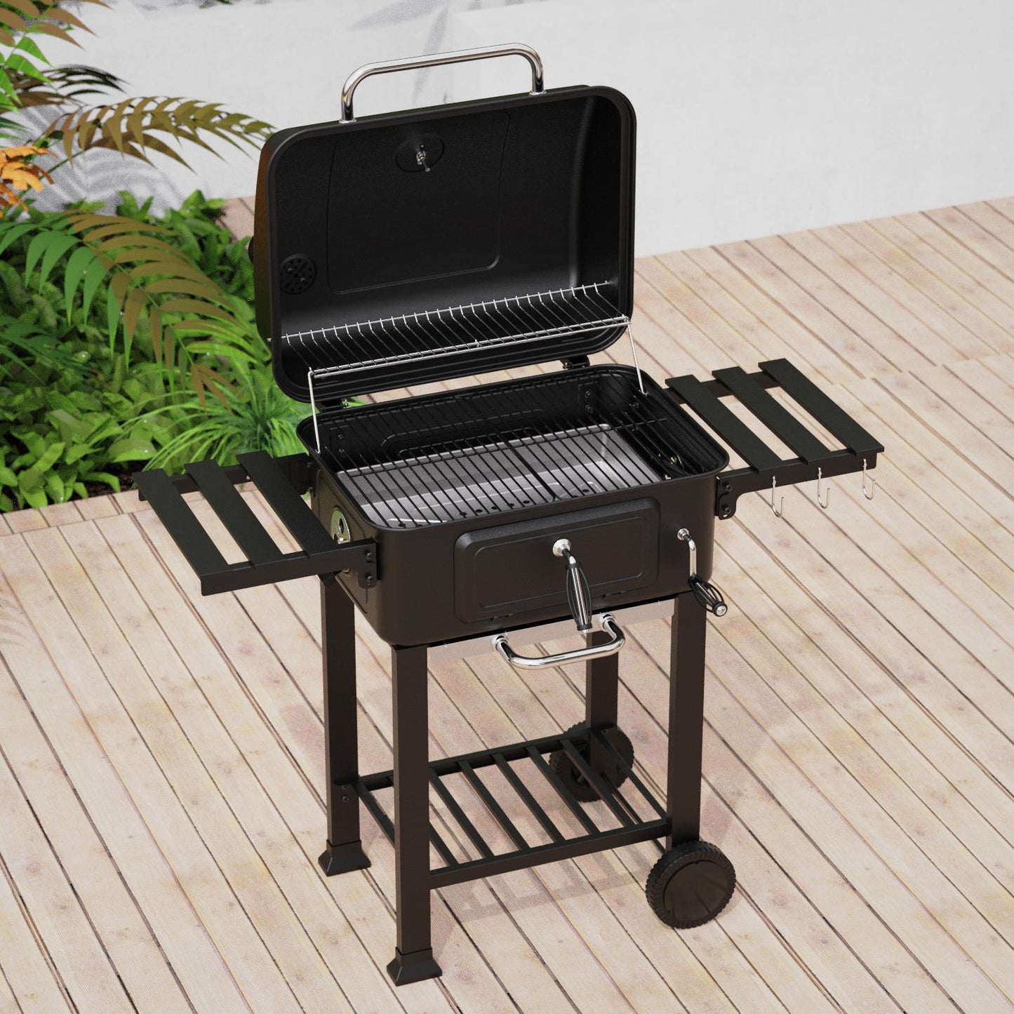 BBQ Smoker XL Grill Folding Tables Thermometer, Adjustable Charcoal Pan, Chimney
