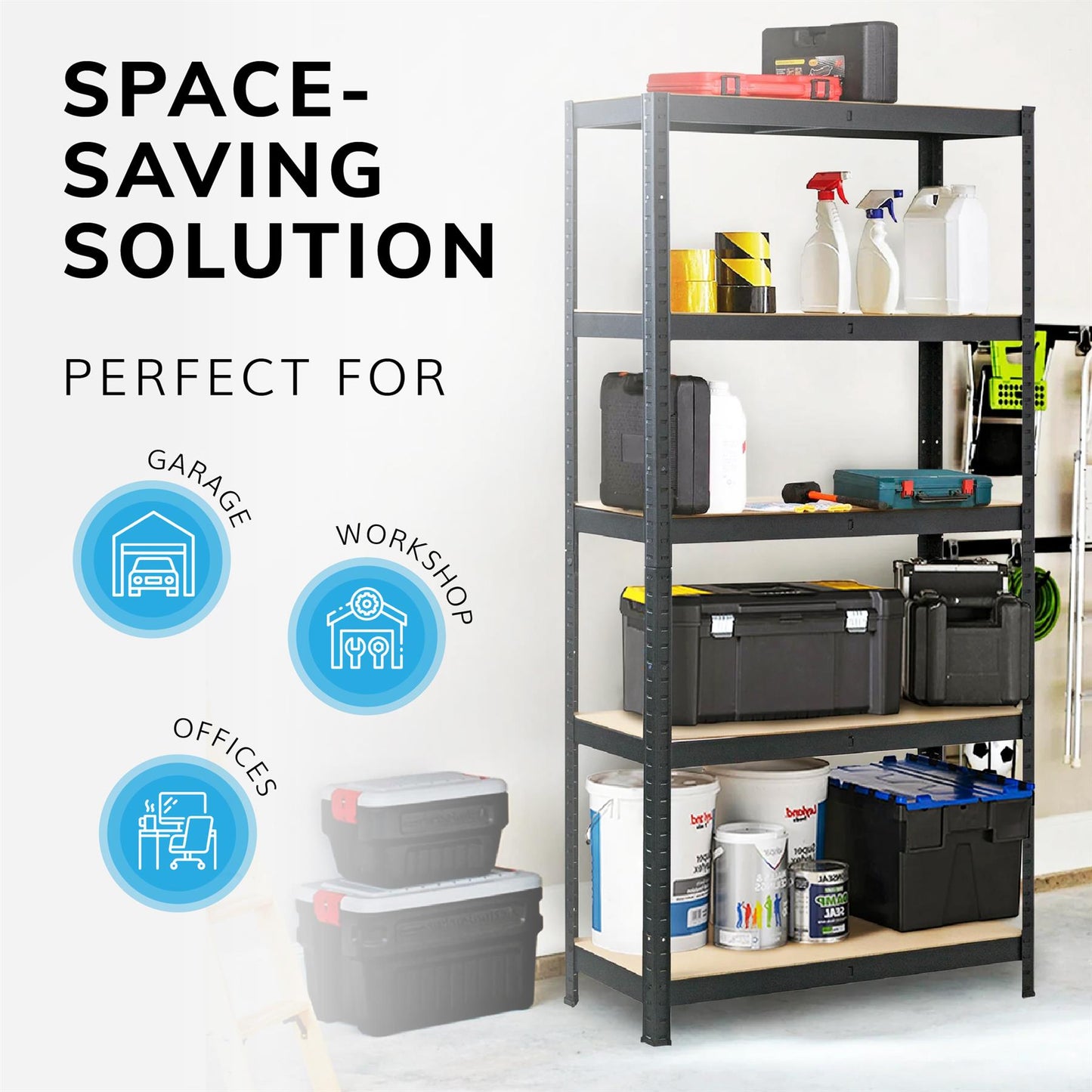 Boltless 5 Tier Shelving Racking Heavy Duty Steel Shelf Unit Shed Garage Black
