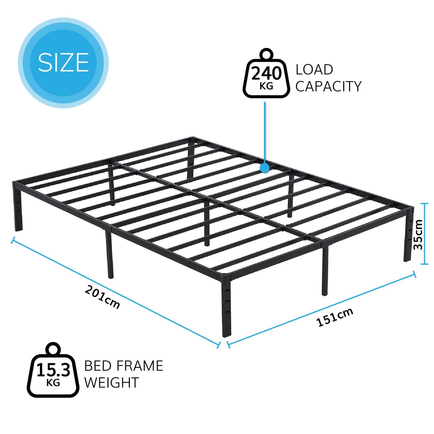 King Size Metal Bed Frame Durable Black Powder Coating,