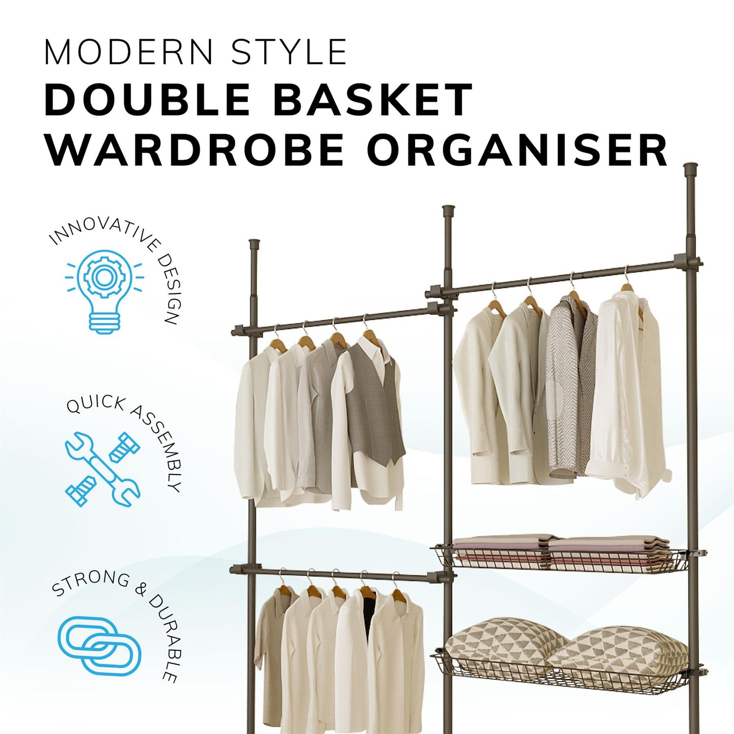 Telescopic Wardrobe Organiser Double Black Rail Clothes Rack Baskets Storage