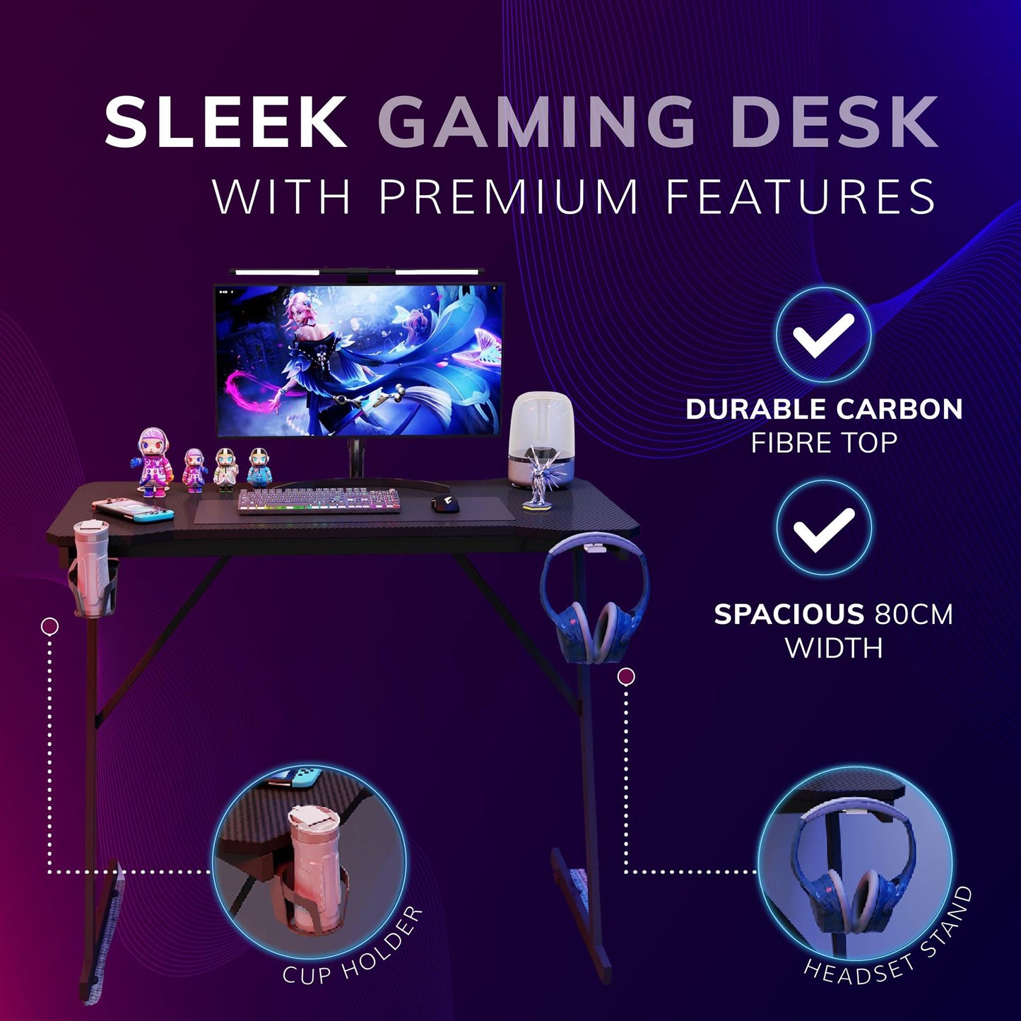 Gaming / Computer Desk – Carbon Fibre Top Black – 80cm L x 60 D x 75 H