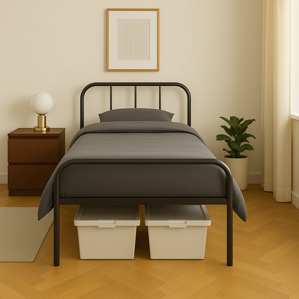 Single Bed Frame Metal Rounded Headboard Easy Assembly Under Bed Base Storage Space