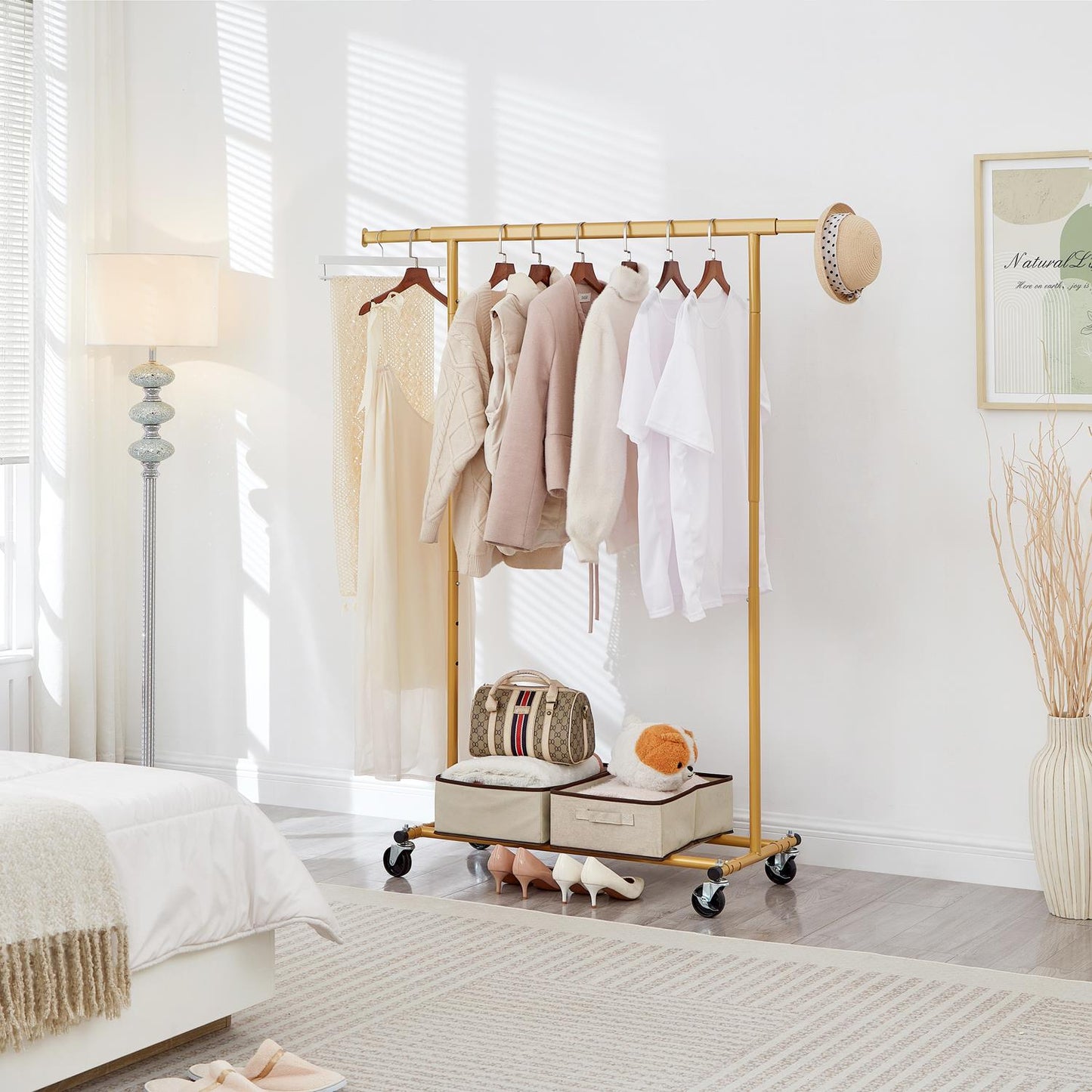 Heavy Duty Gold Clothes Rail Adjustable Width Height with Shelf, Locking Wheels