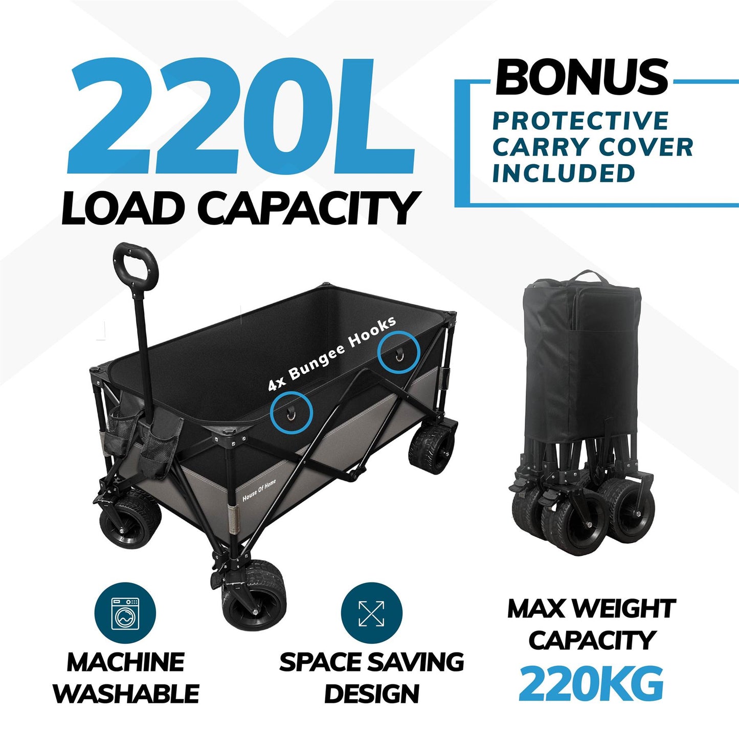 220L Foldable Utility Trolley Garden Home Camping Festivals Collapsible Cart, Carry Bag