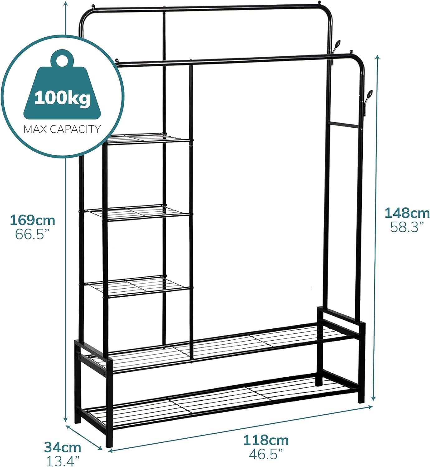Freestanding Double Clothes Rail with 2 Shoe Racks and 3 Shelves