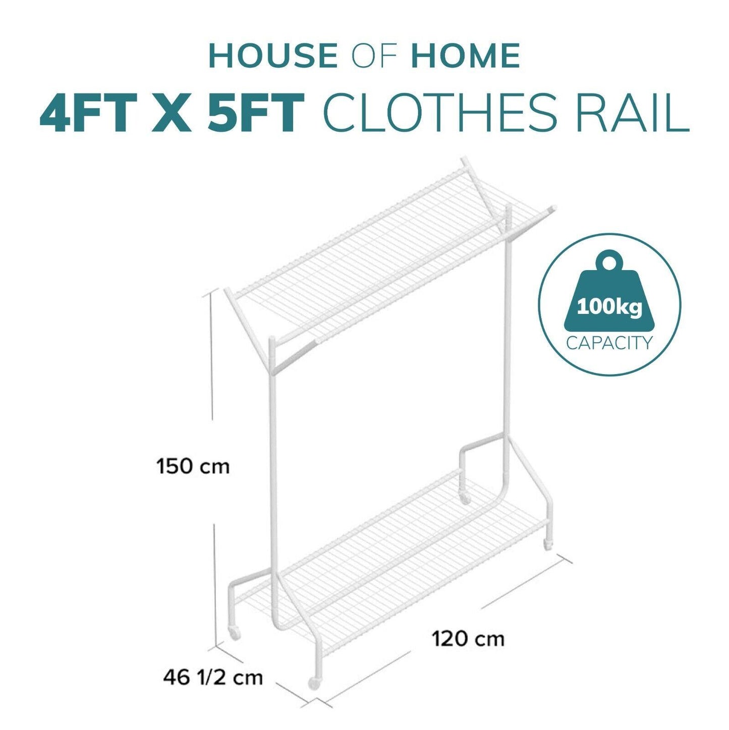 4ft long x 5ft Black Heavy Duty Hanging Clothes Garment Rail with Shoe Rack Shelf and Hat Stand