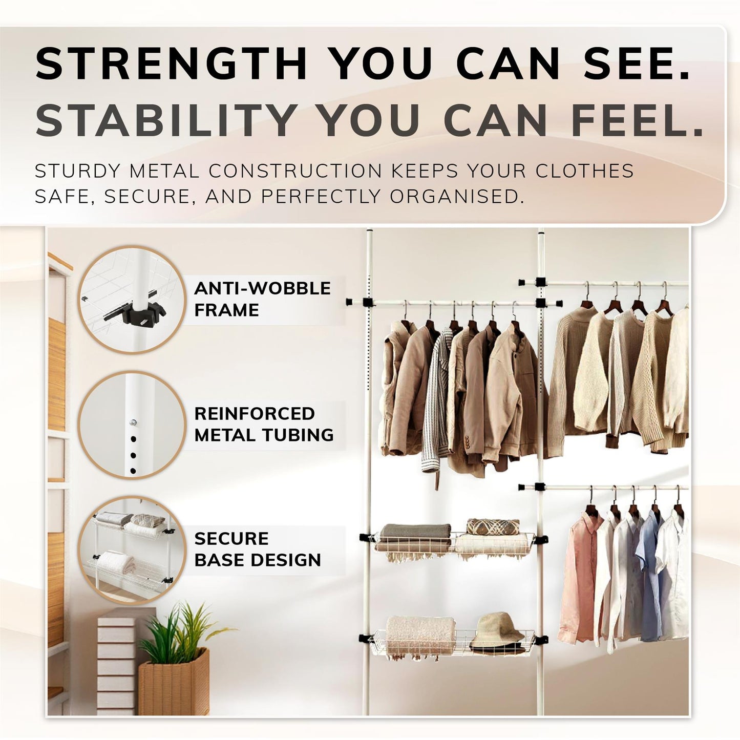 Telescopic Wardrobe Organiser Double White Rail Clothes Rack Baskets Storage