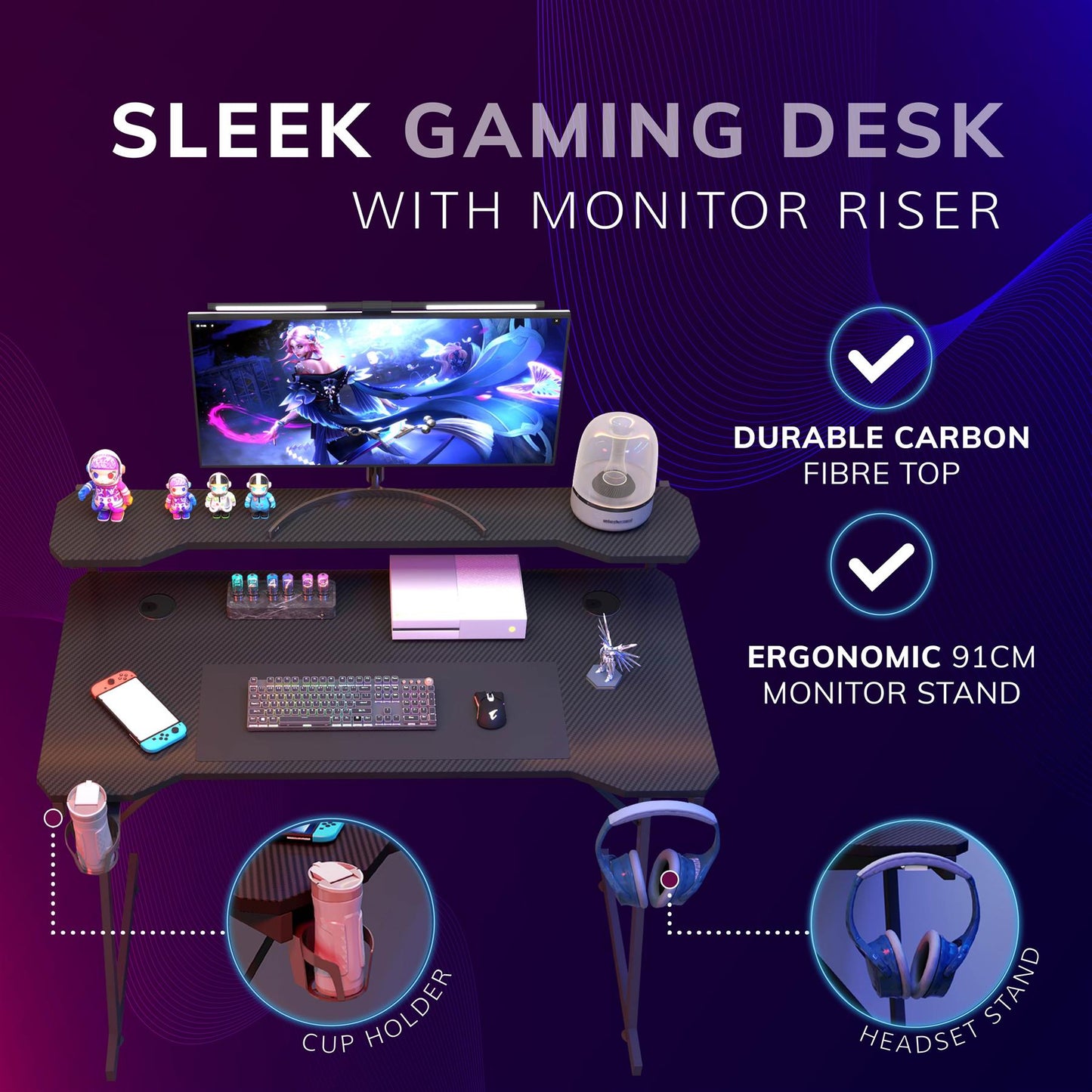 Gaming / Computer Desk with Monitor Stand – Carbon Fibre Top Black – 118cm L x 60 D x 75/91 H
