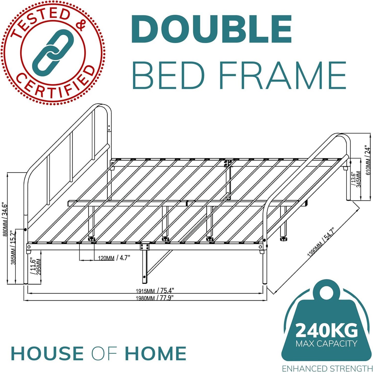 Double Size Bed Frame Metal Rounded Headboard Easy Assembly Bed Base Storage