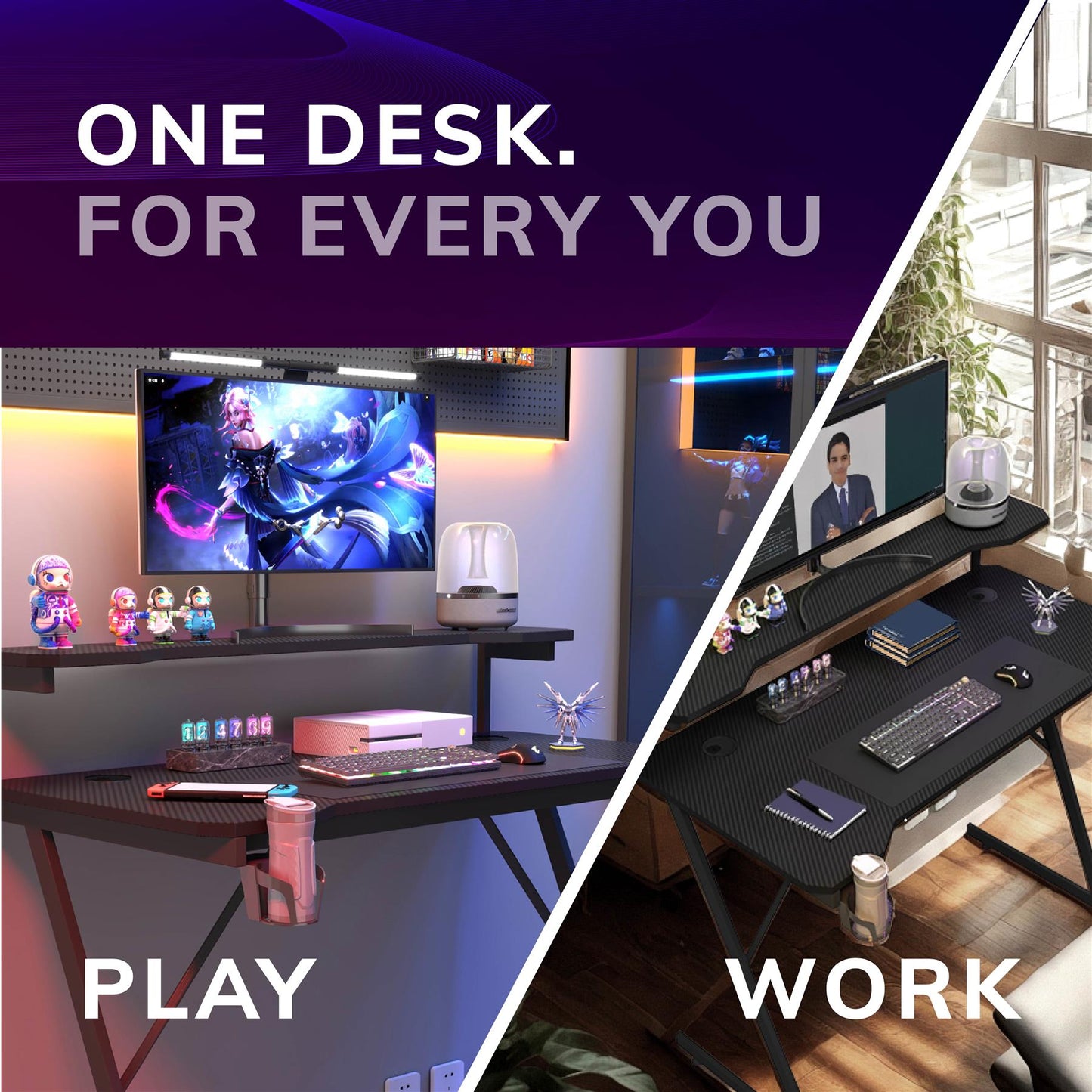 Gaming / Computer Desk with Monitor Stand – Carbon Fibre Top Black – 118cm L x 60 D x 75/91 H