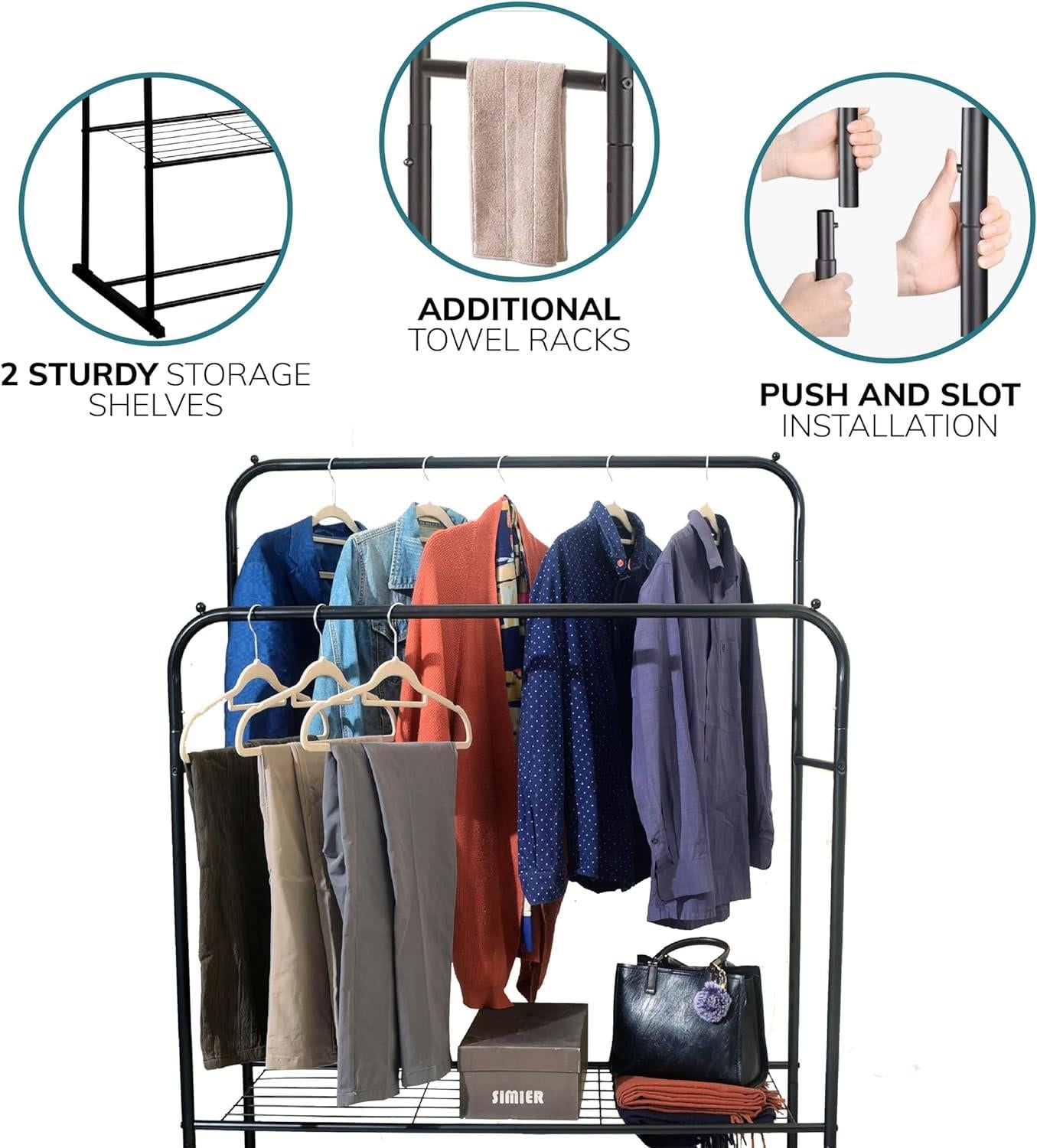 Double Clothes Rail with Shoe Rack Heavy Duty Metal Garment Hanger Hat Bag Hooks