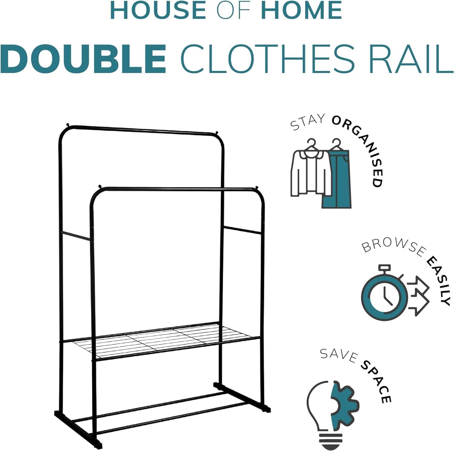 Double Clothes Rail with Shoe Rack Heavy Duty Metal Garment Hanger Hat Bag Hooks