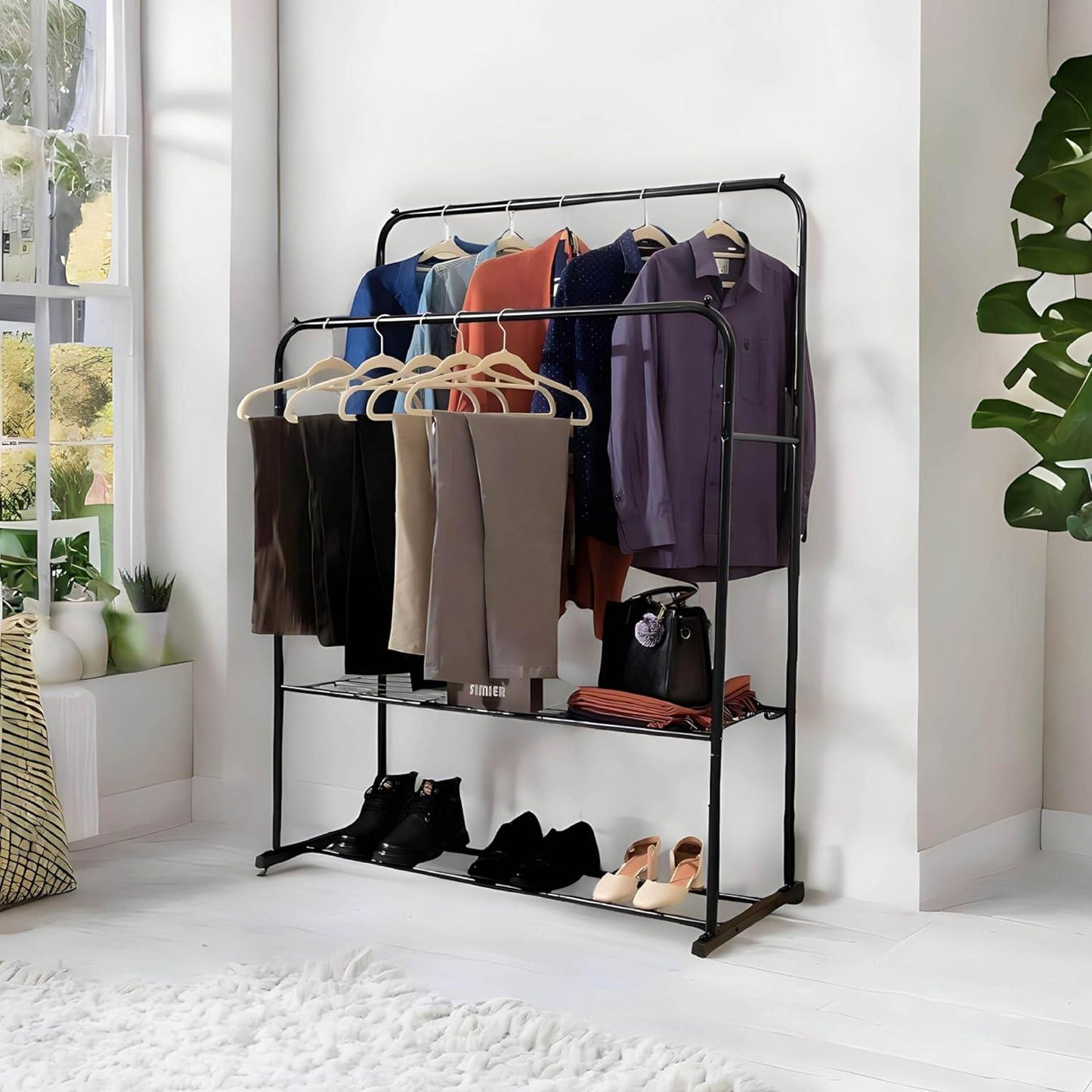 Double Clothes Rail with Shoe Rack Heavy Duty Metal Garment Hanger Hat Bag Hooks